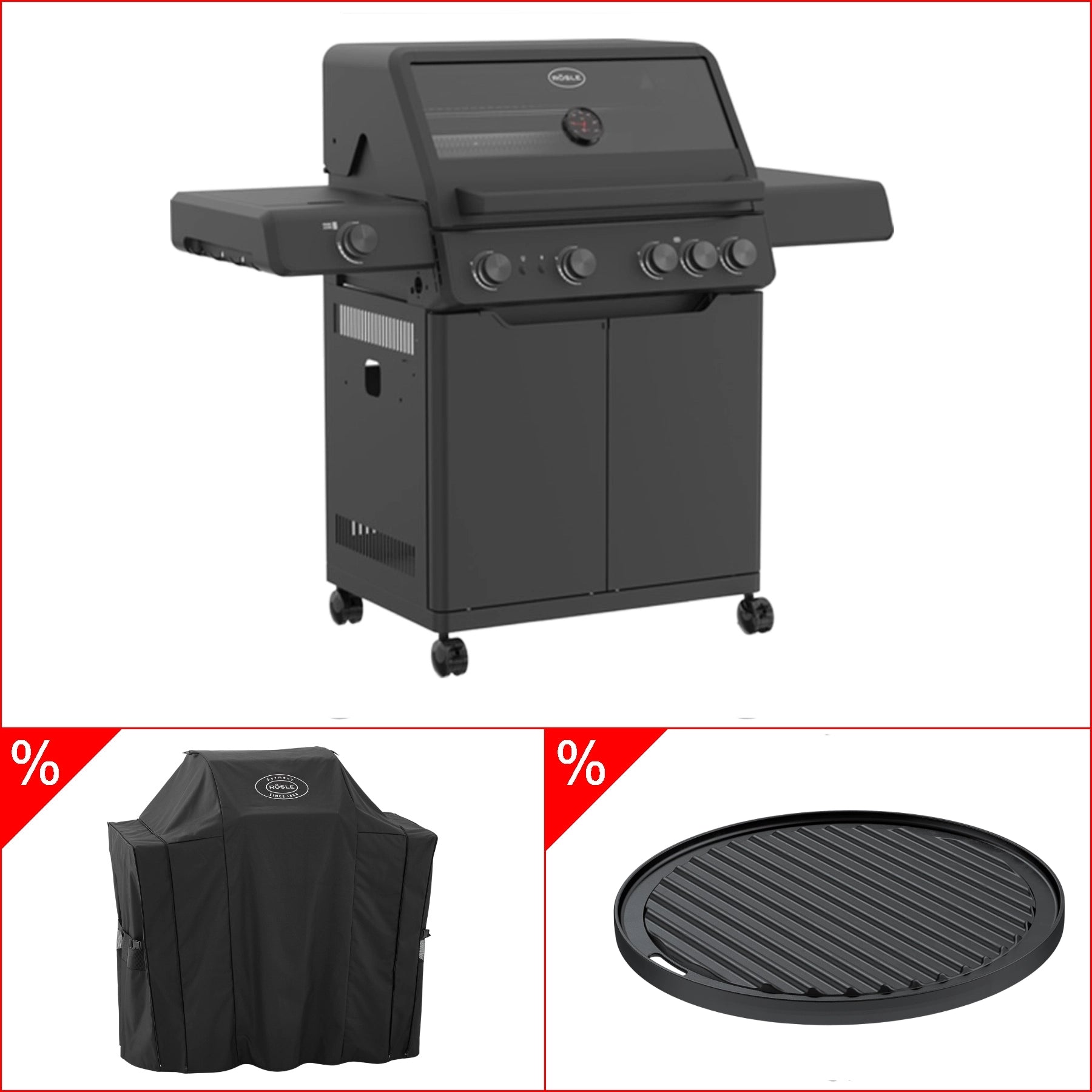 Rösle AllFlame Hero 4 Brenner Gasgrill – 50mbar Bundle mit Grillplatte rund, Grillbundle