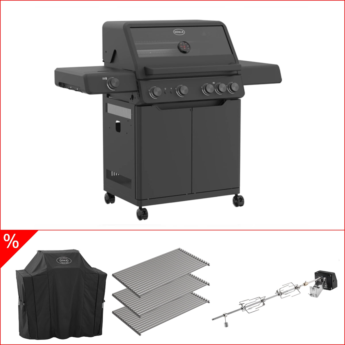 Rösle Bundle Gasgrill Allflame Hero 4 inkl. Abdeckhaube, Rotisserie und 3 Edelstahlrosten, Grillbundle