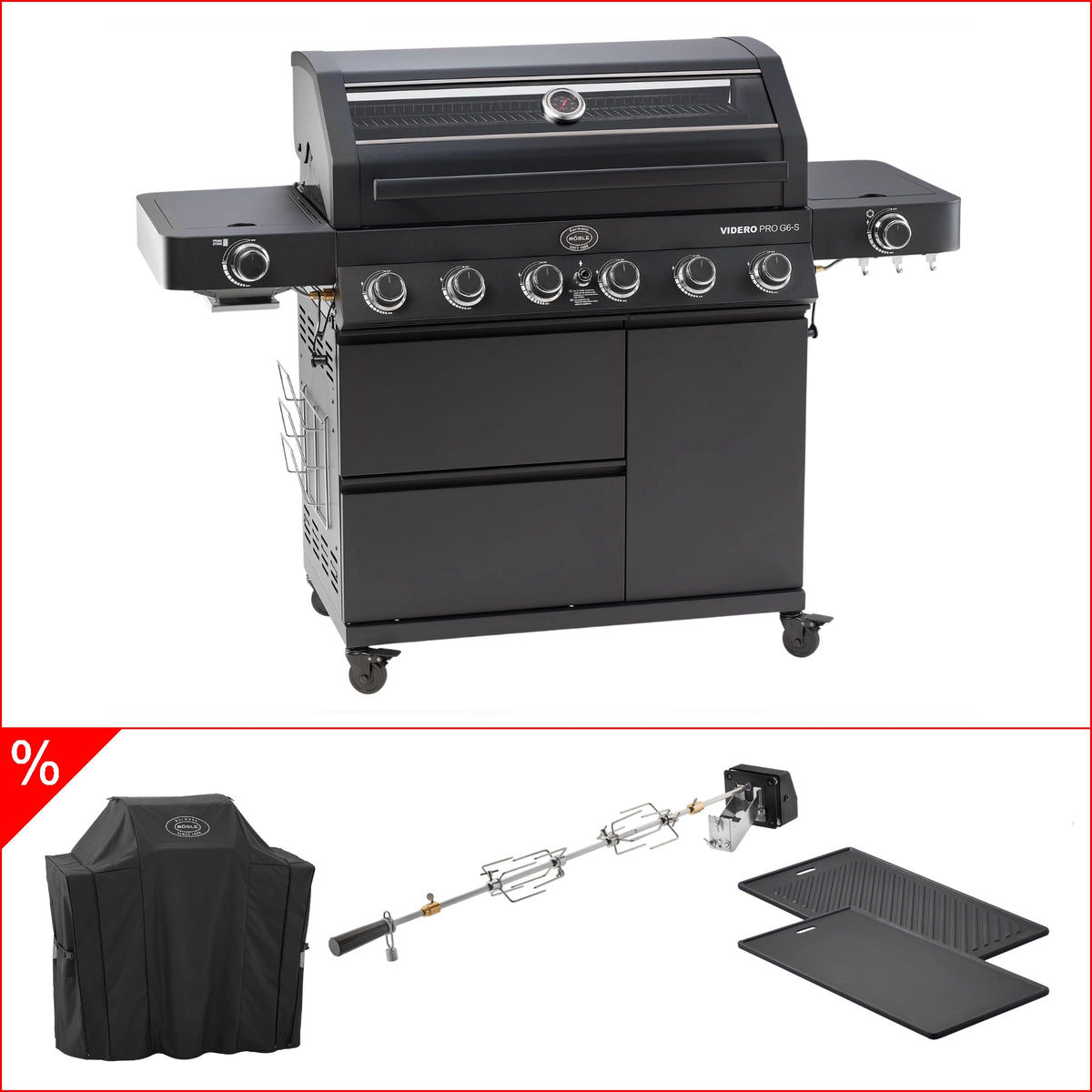 Rösle Videro Pro G6-S Vario+ 50mbar inkl. Abdeckhaube Grillplatte, eckig & Rotisserie, Grillbundle