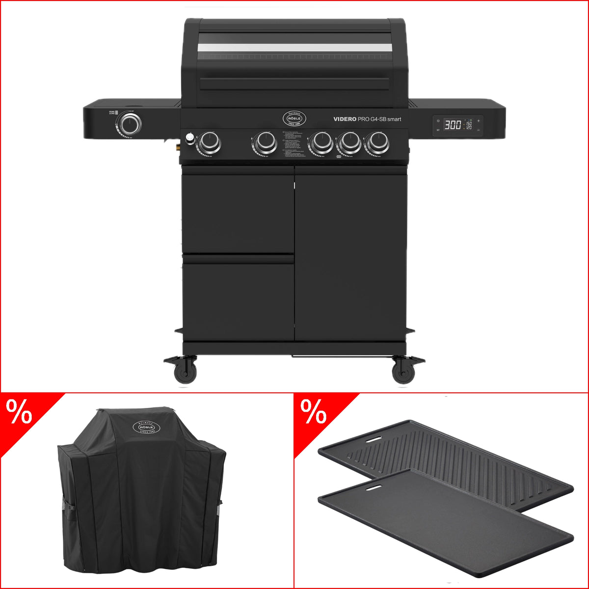 Rösle Videro Pro G4-SB smart Vario+ 50mbar Bundle inkl. GRATIS Abdeckhaube und Grillplatte, eckig, Grillbundle
