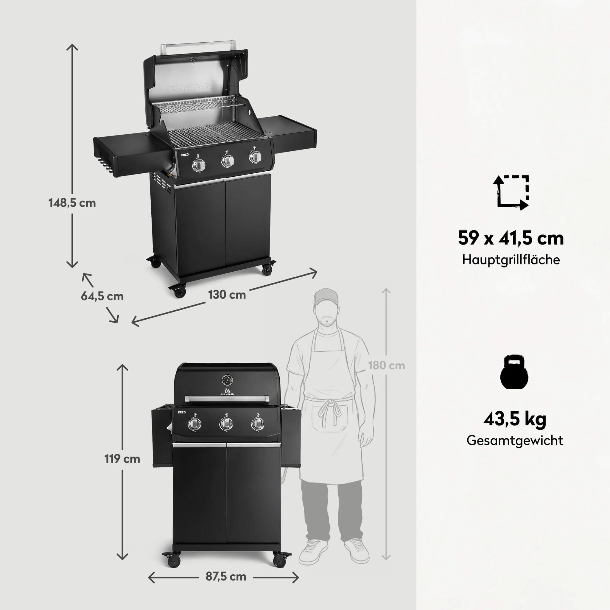 Burnhard FRED Base Gasgrill 3-Brenner mit Edelstahlrost Series 4, Grillrost aus Edelstahl, für 1 - 10, Detailansicht 3
