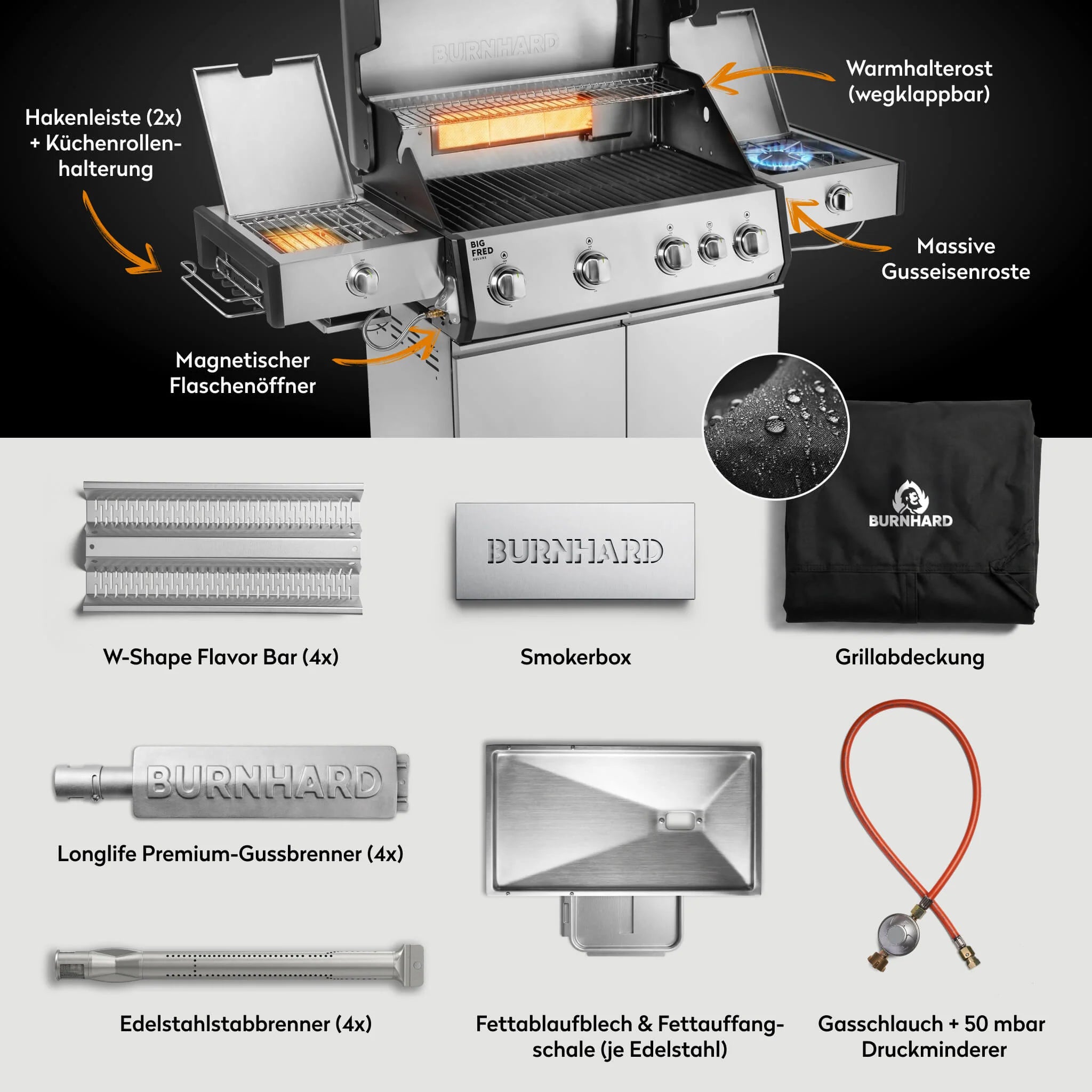 Burnhard Big FRED Deluxe+ Gasgrill Edelstahl 4-Brenner mit Gusseisenrost Series 4, Grills, Detailansicht 3