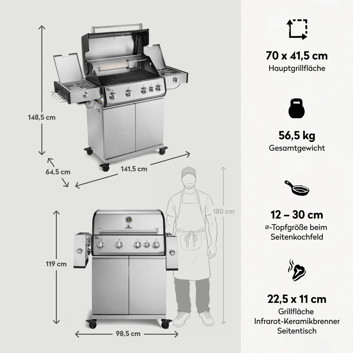 Burnhard Big FRED Deluxe Gasgrill Edelstahl 4-Brenner mit Gusseisenrost Series 4, Detailansicht 3