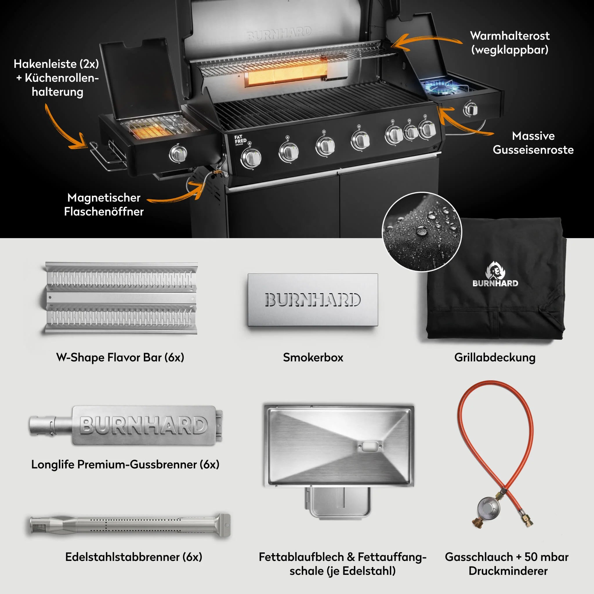 Burnhard Fat FRED Deluxe Gasgril Black Edition 6-Brenner mit Gusseisenrost (Series 4), Grillrost aus, Detailansicht 2