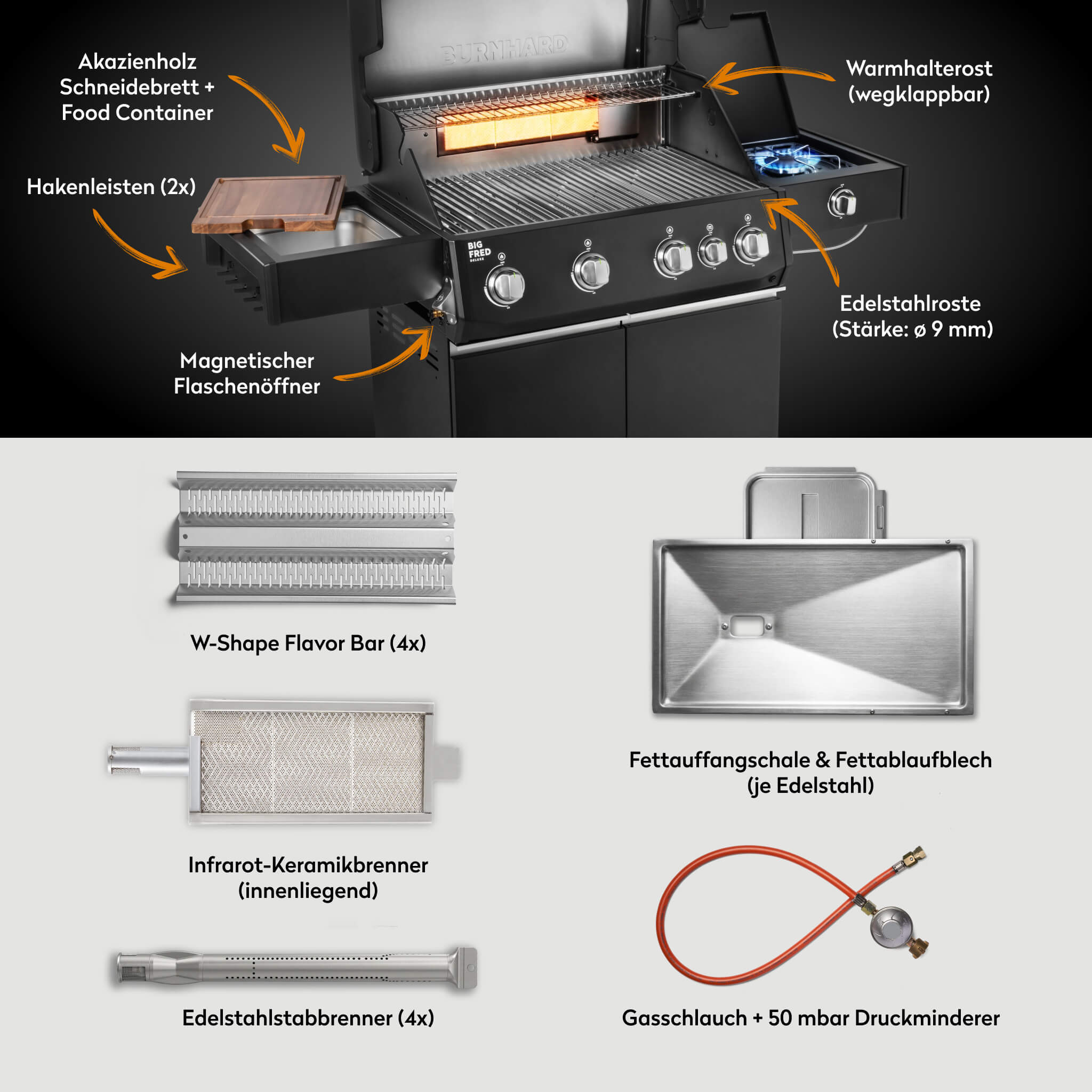 Burnhard Big FRED Deluxe Gasgrill Black Edition 4-Brenner mit Edelstahlrost Series 4, Detailansicht 2