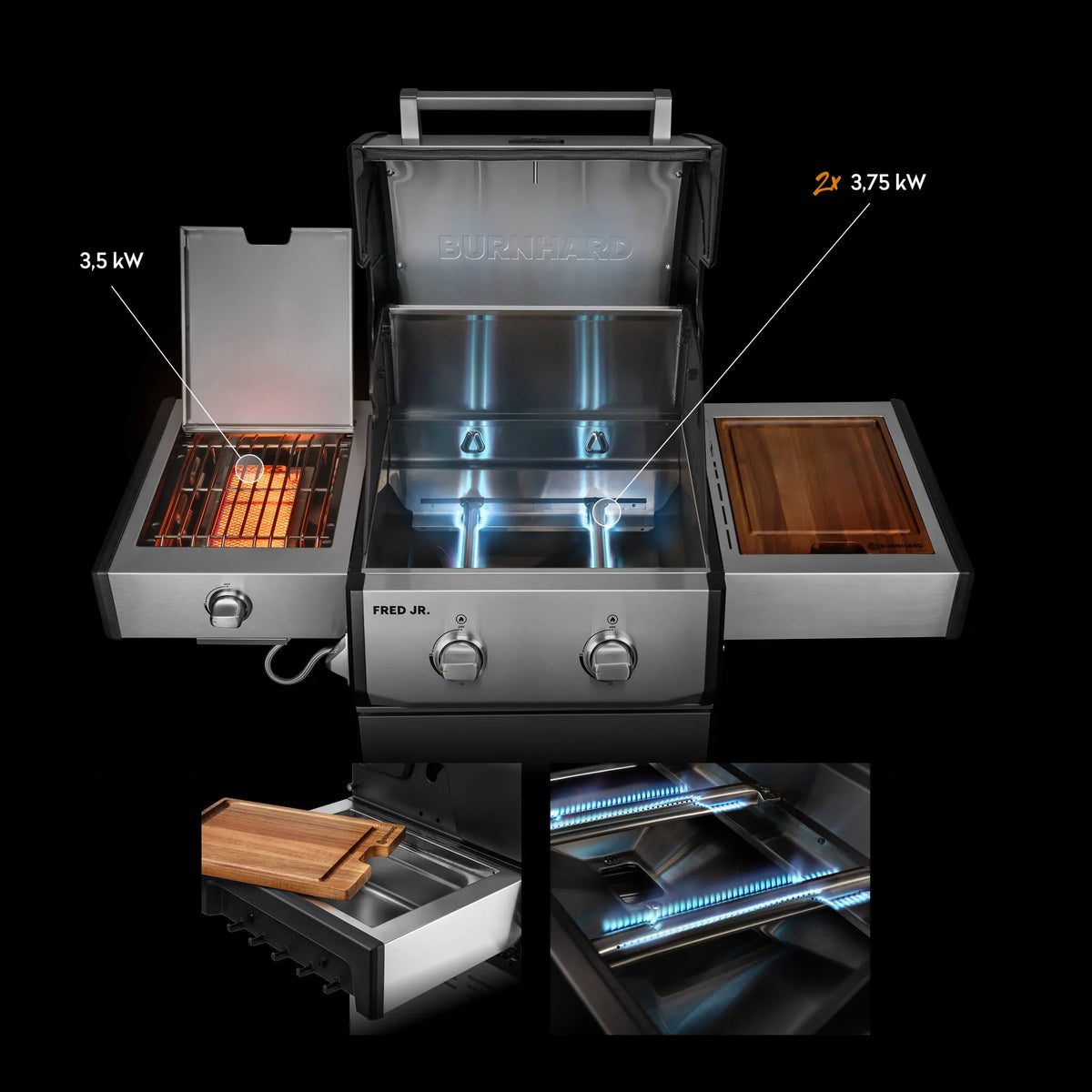 Burnhard FRED Jr. Deluxe Gasgrill Edelstahl 2-Brenner mit Gussrost Series 4, Grillrost aus Gusseisen, für 1, Detailansicht 2