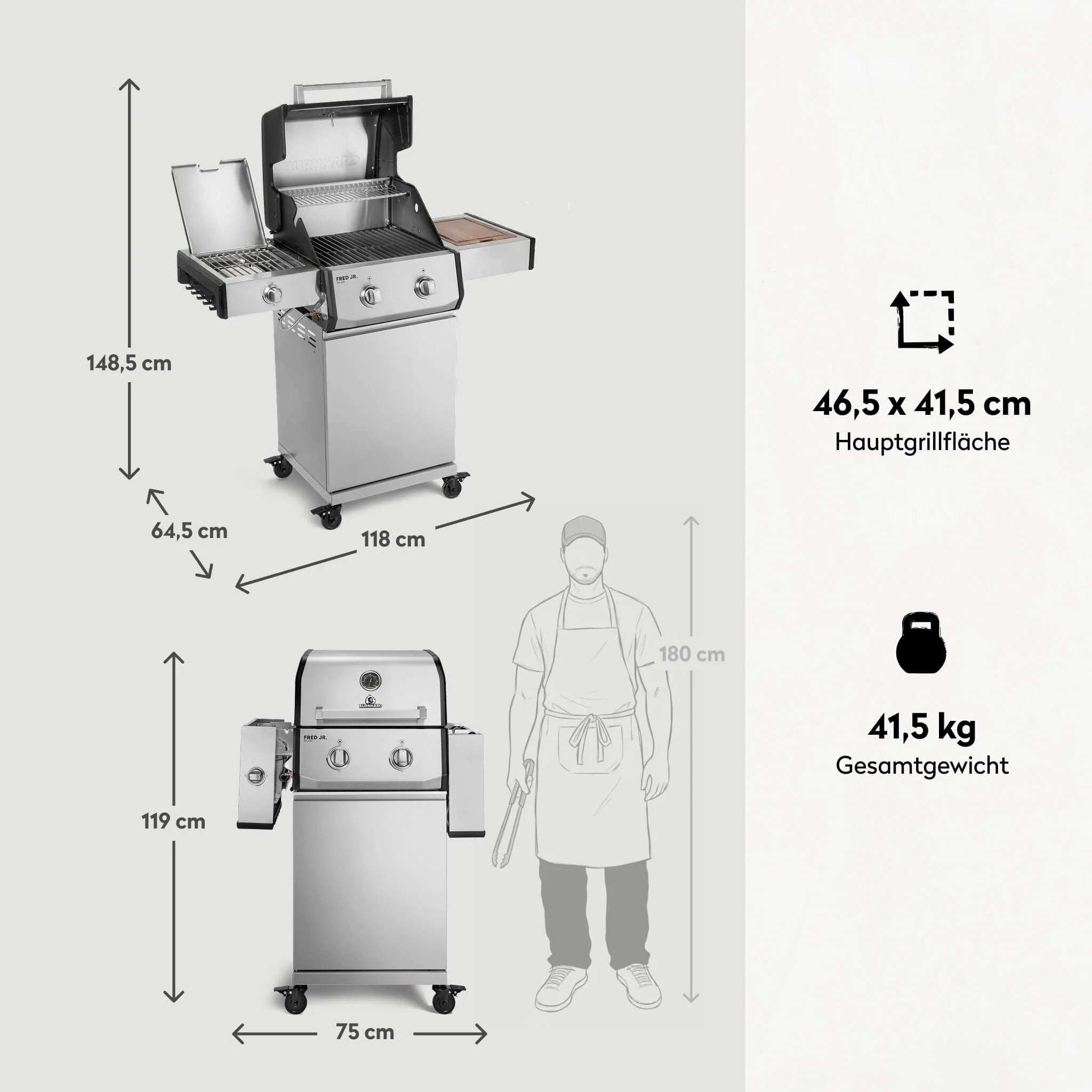 Burnhard FRED Jr. Deluxe Gasgrill Edelstahl 2-Brenner mit Gussrost Series 4, Grillrost aus Gusseisen, für 1, Detailansicht 4