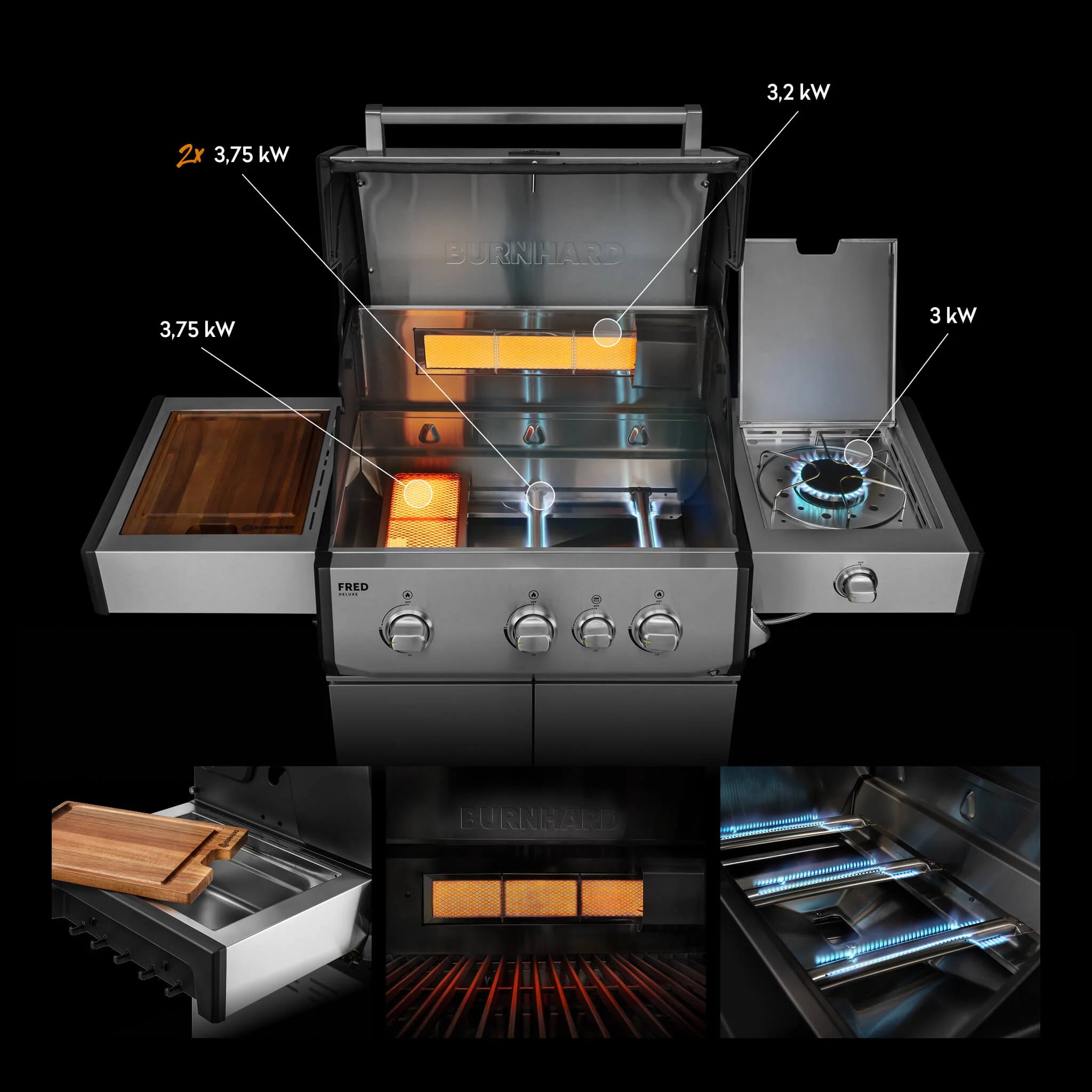 Burnhard FRED Deluxe Gasgrill 3-Brenner Edelstahl mit Gusseisenrost Series 4, Grillrost aus Gusseisen, für 1, Detailansicht 2