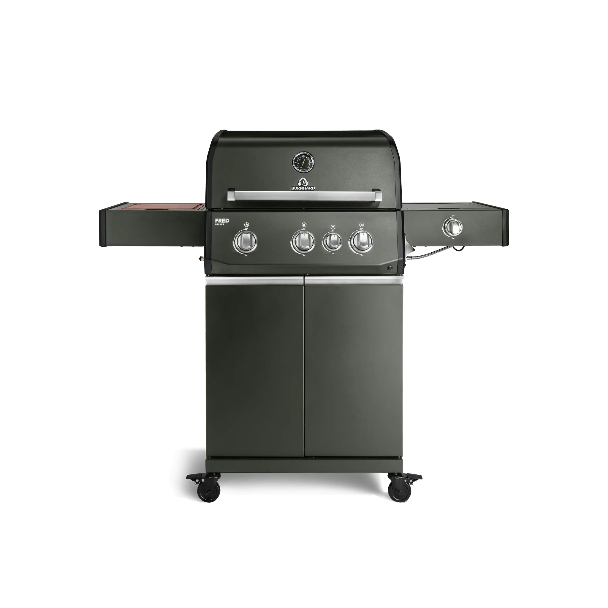 Burnhard FRED Deluxe Gasgrill 3-Brenner Green Edition mit Gusseisenrost Series 4, Grillrost aus Gusseisen, für 1 - 10