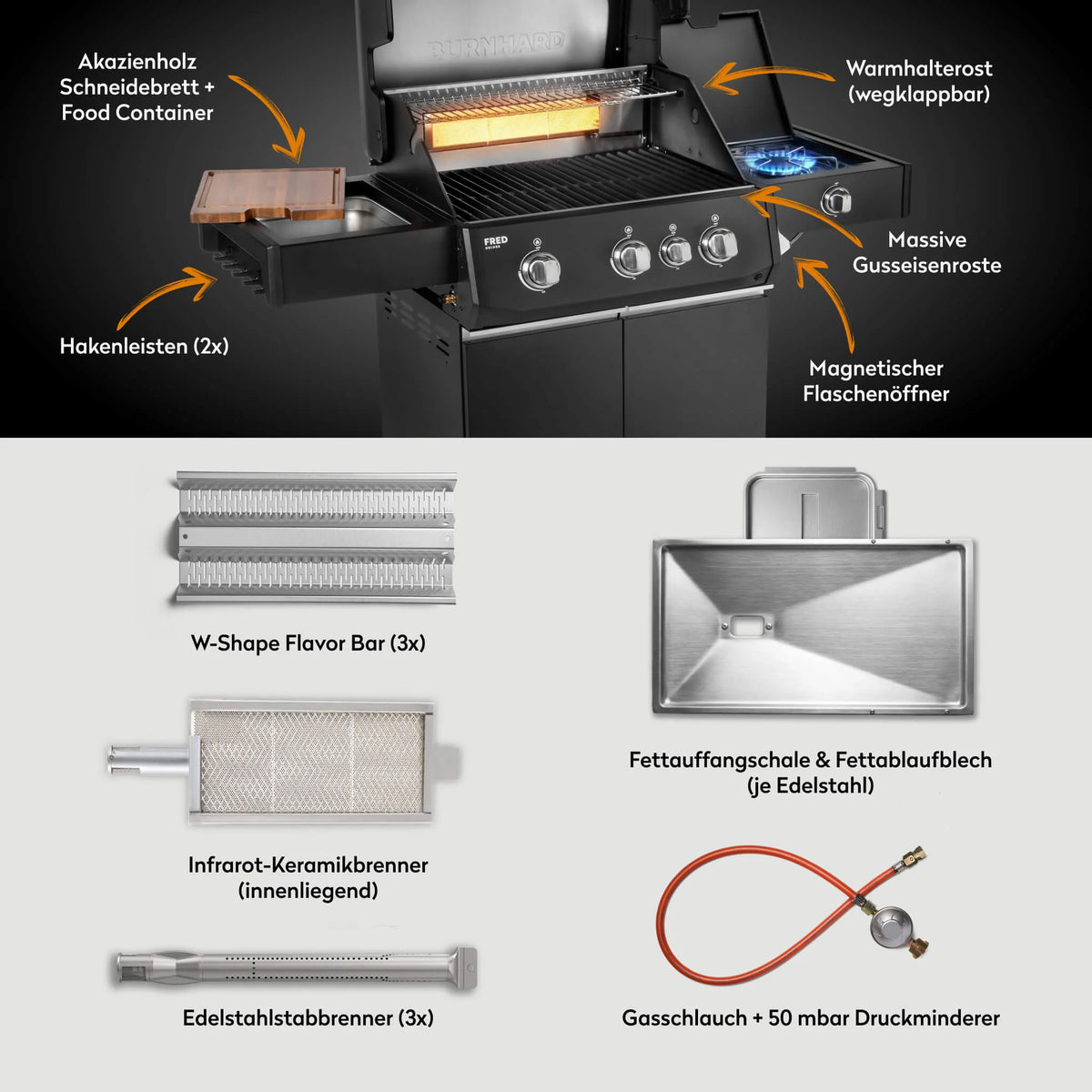 Burnhard FRED Deluxe Gasgrill 3-Brenner Black Edition mit Gusseisenrost Series 4, Grills, Detailansicht 3