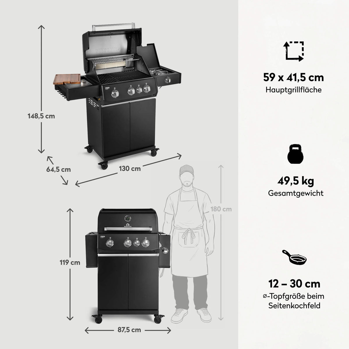 Burnhard FRED Deluxe Gasgrill 3-Brenner Black Edition mit Gusseisenrost Series 4, Grills, Detailansicht 2