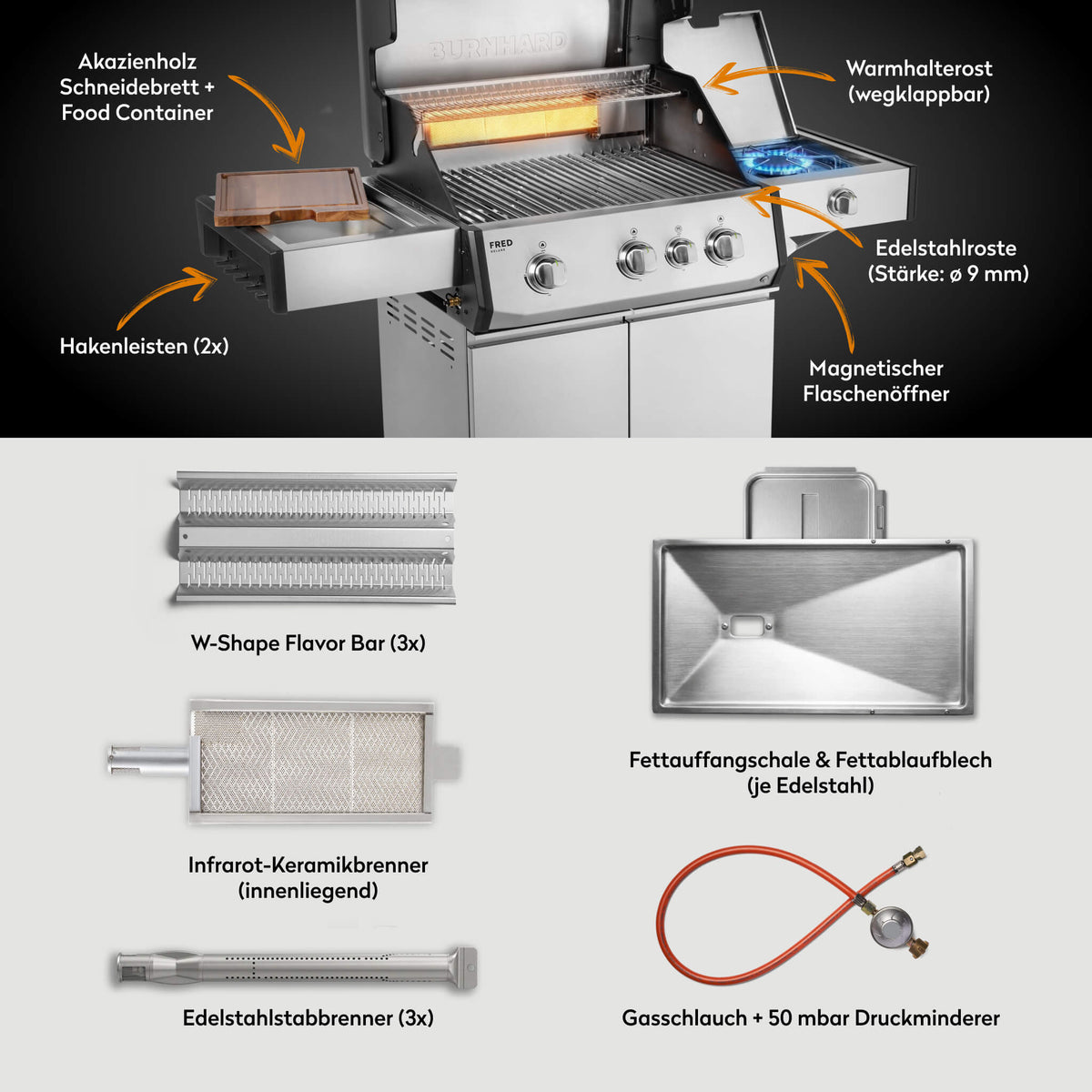 Burnhard FRED Deluxe Gasgrill 3-Brenner Edelstahl mit Edelstahlrost Series 4, Grills, Detailansicht 2