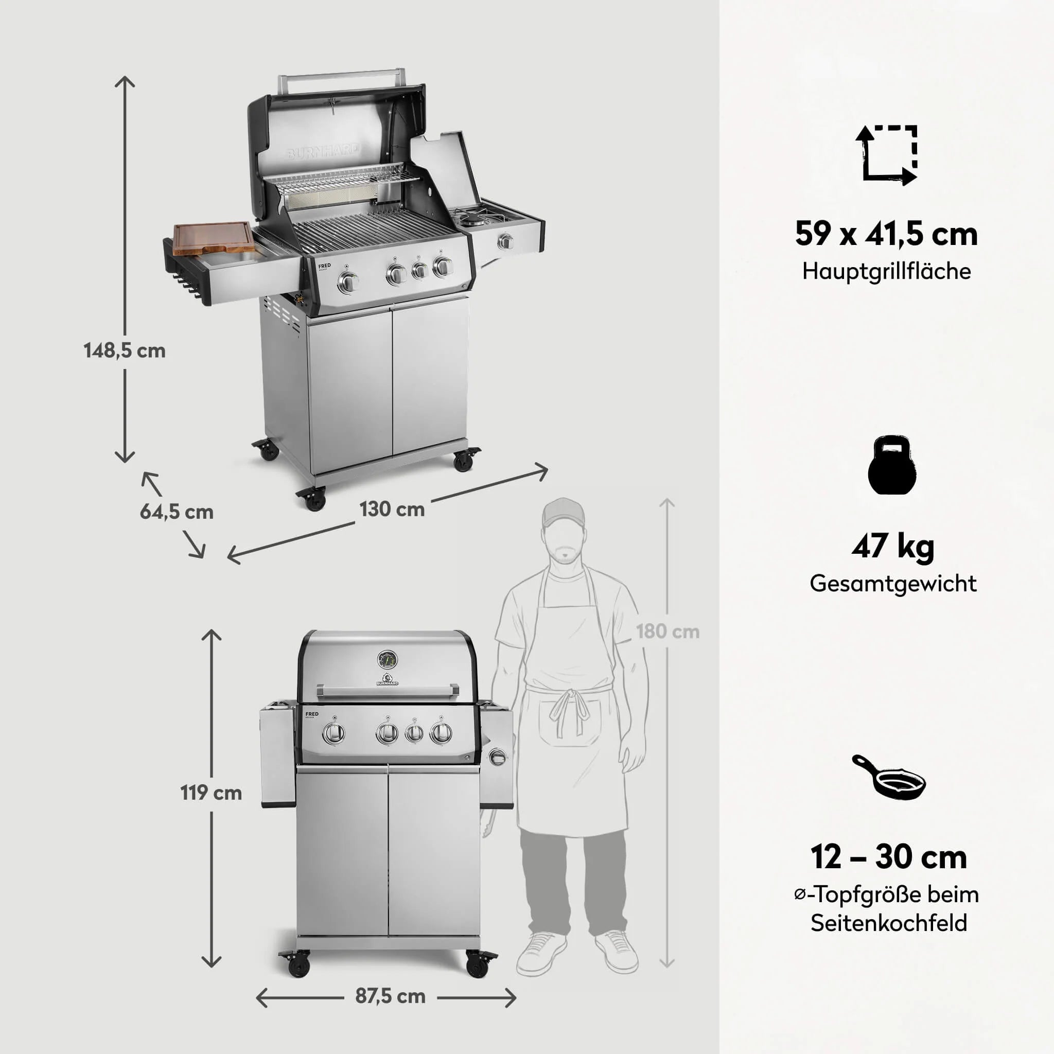Burnhard FRED Deluxe Gasgrill 3-Brenner Edelstahl mit Gusseisenrost Series 4, Grillrost aus Gusseisen, für 1, Detailansicht 4