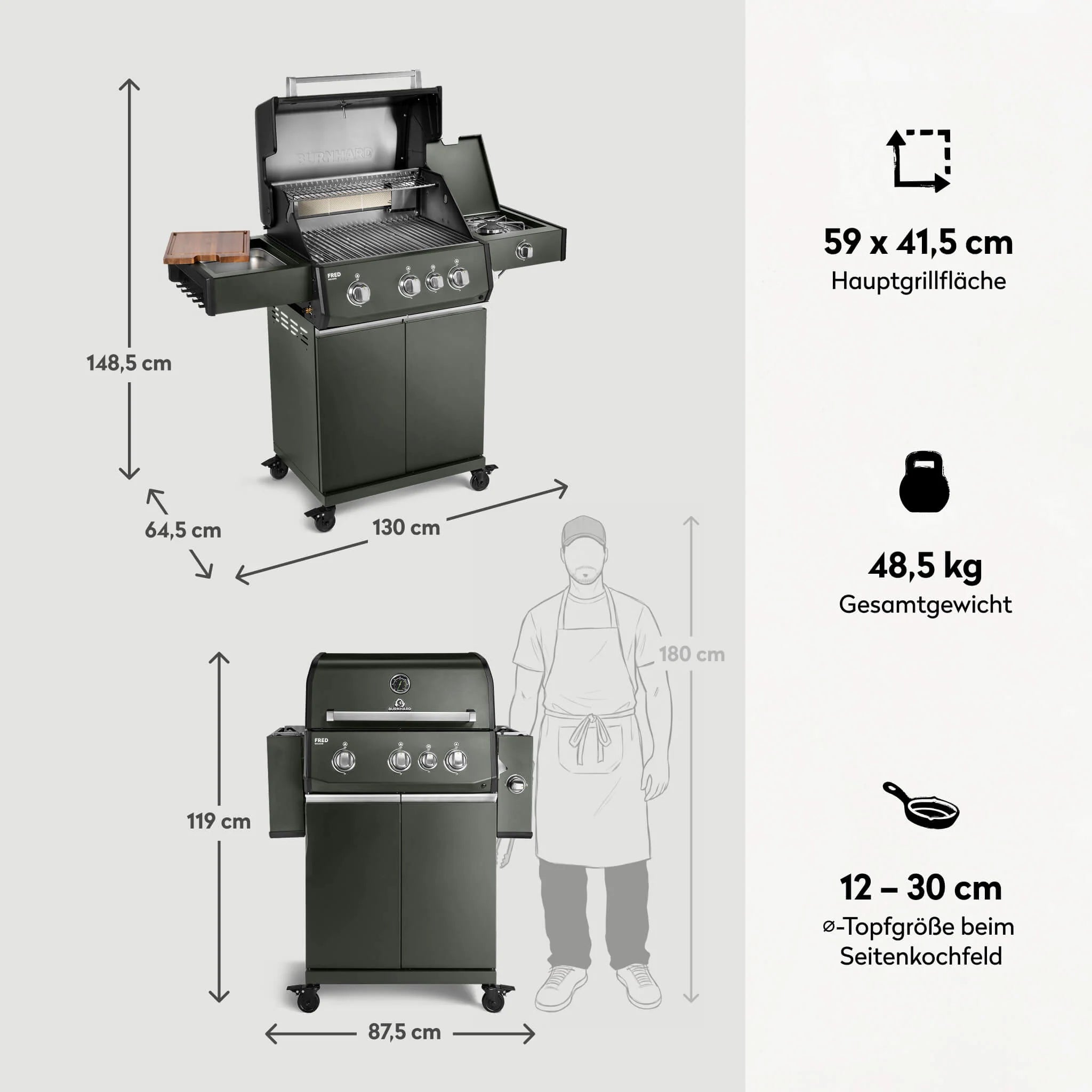 Burnhard FRED Deluxe Gasgrill 3-Brenner Green Edition mit Gusseisenrost Series 4, Grillrost aus Gusseisen, Detailansicht 3