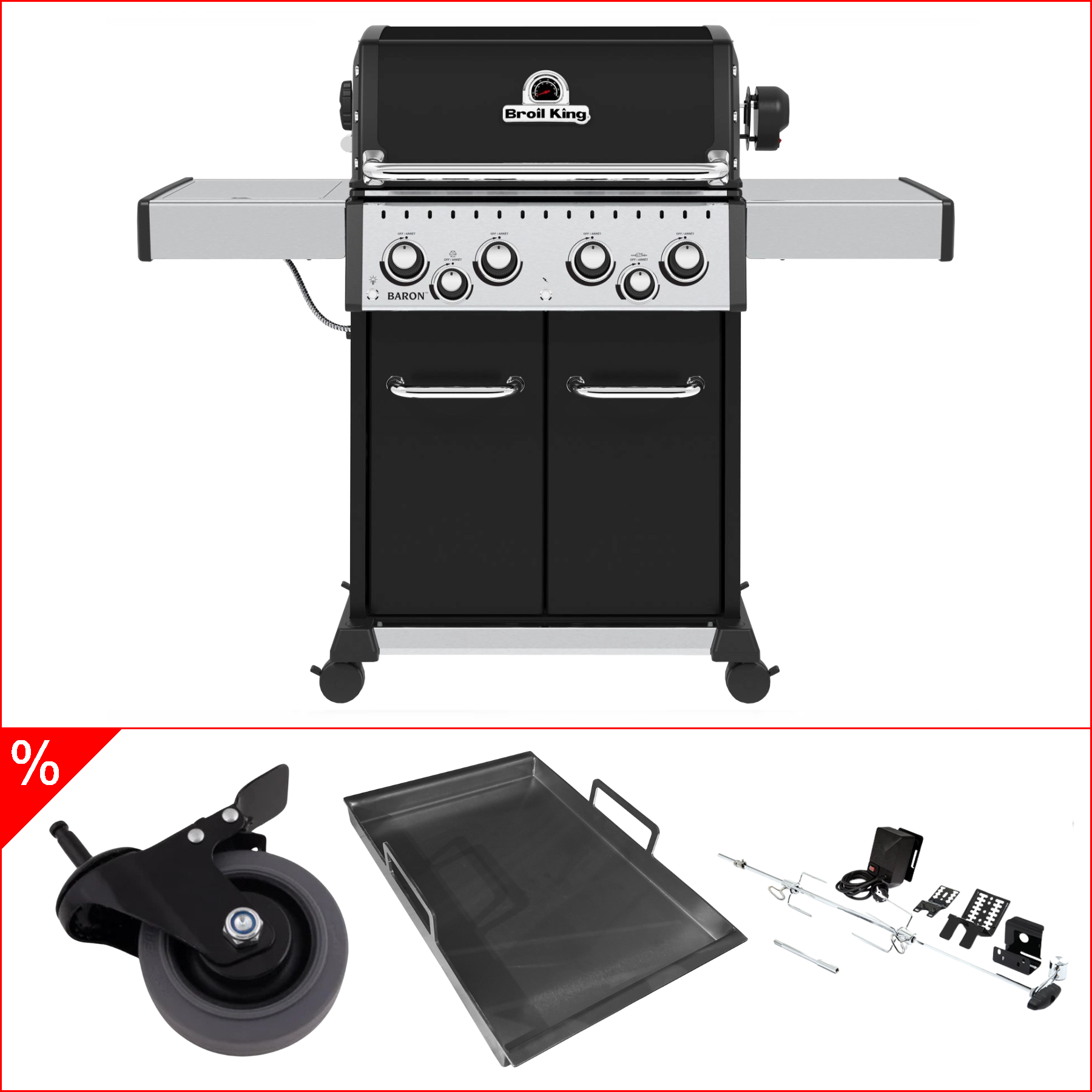 Broil King Baron 490 inkl. Einsatzpfanne, Premium Lenkrollen & Drehspieß, Grillbundle