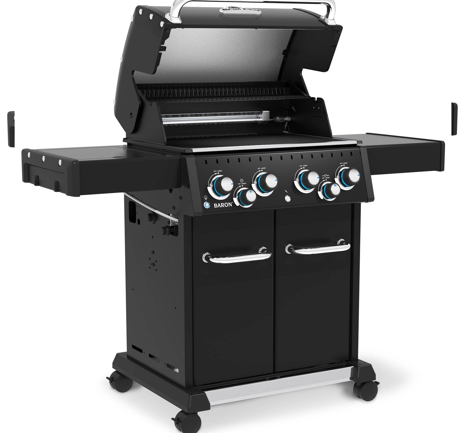 Offener Deckel: Baron 490 IR Shadow von Broil King inkl. Rotisserie & Infrarot-Seitenbrenner