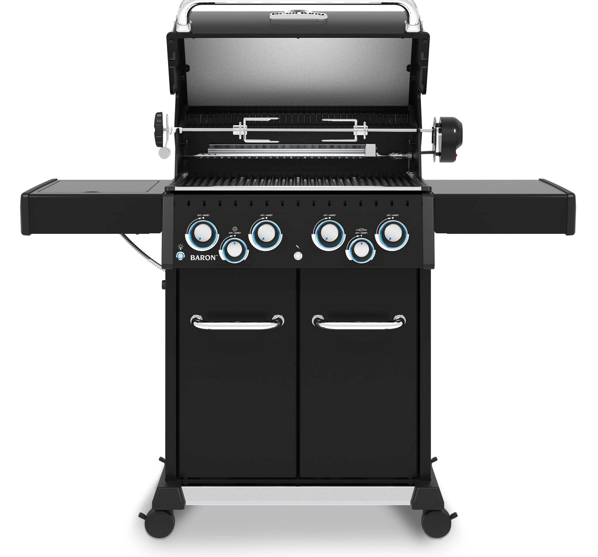 Frontansicht mit offenem Deckel: Baron 490 IR Shadow von Broil King inkl. Rotisserie & Infrarot-Seitenbrenner