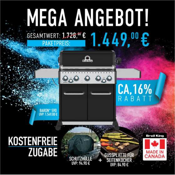 Broil King Baron 590 Bundle inkl. Seitenbrenner Gussplatte & Abdeckhaube, Grillbundle