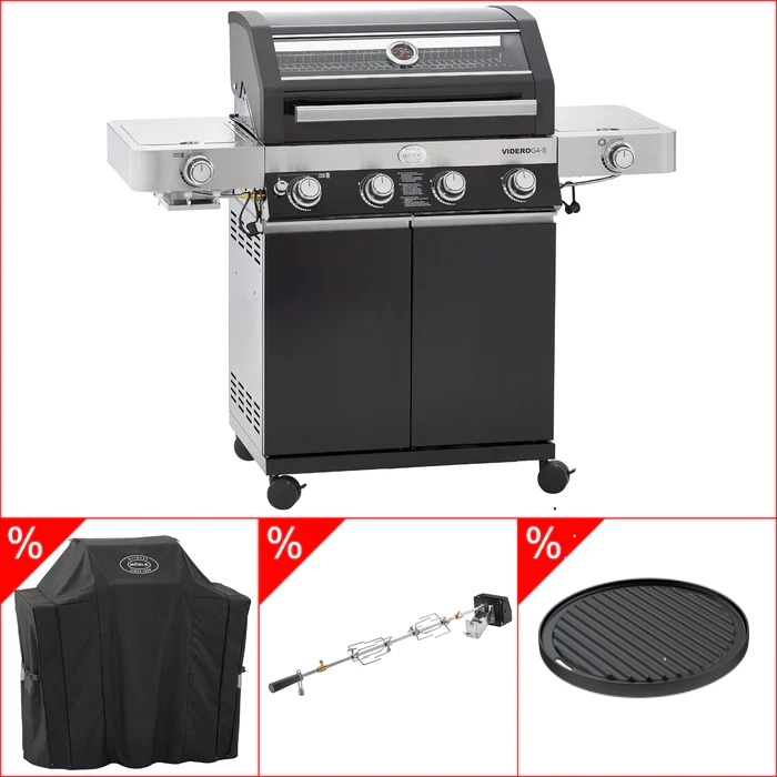 Rösle Videro G4-S Vario+ schwarz inkl. Abdeckhaube, Rotisserie & Grillplatte rund, Grillbundle