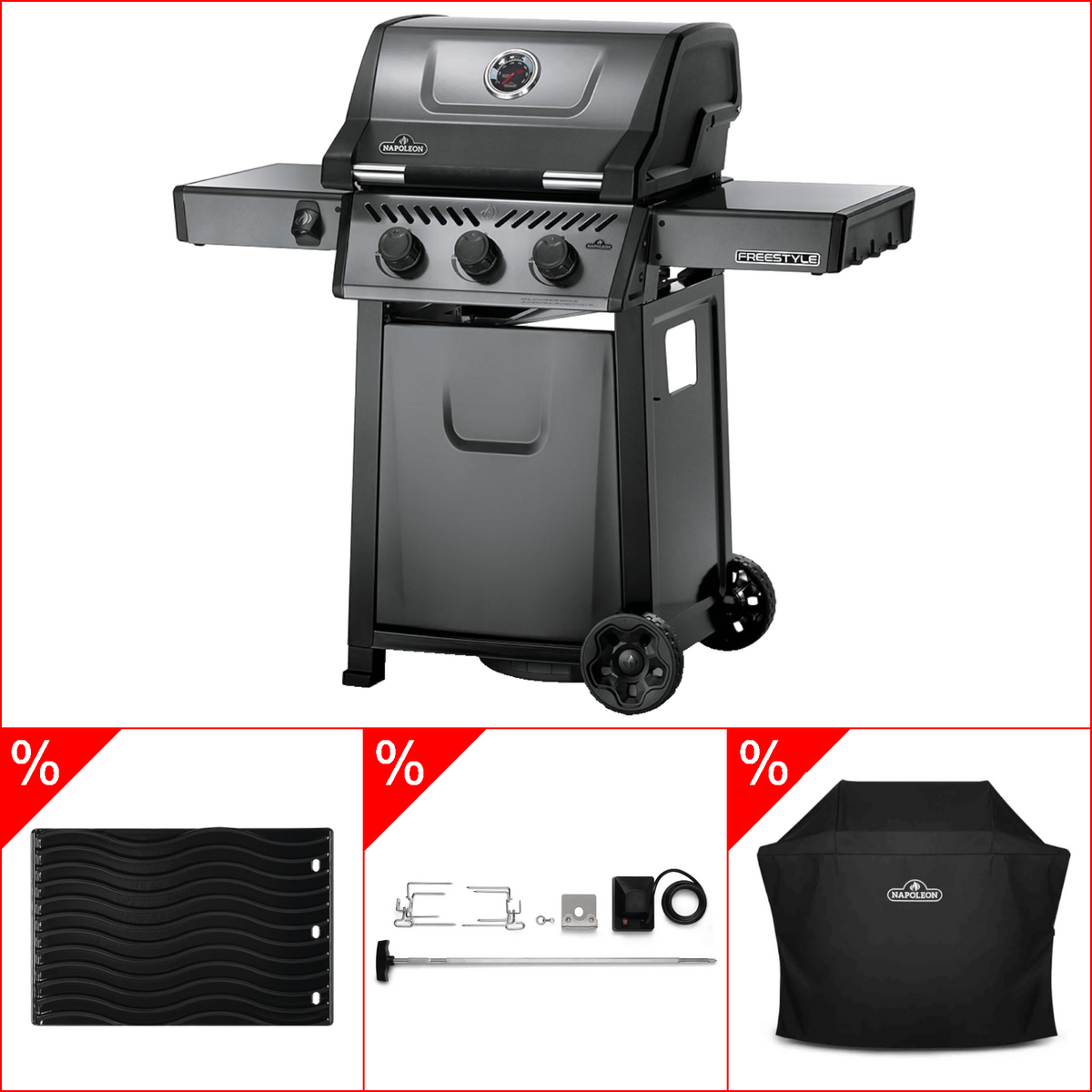 Napoleon Freestyle 365 Gasgrill, Graphit inkl. Gussplatte, Rotisserie & Abdeckhaube, Grillbundle