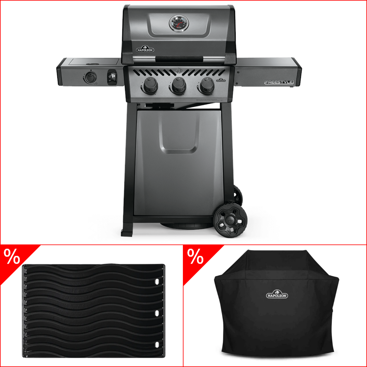 Napoleon Freestyle 365 Graphit - mit Seitenbrenner inkl. Abdeckhaube & Gussplatte, Grillbundle