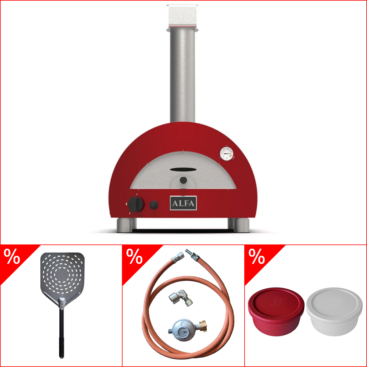 Alfa Forni Portable, Gas in ROT inkl. Gasanschluss-Set, Pizzaschaufel & Pizzaballenbox Set, Pizzaofenset