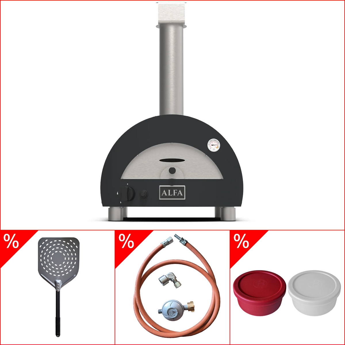 Alfa Forni Portable, Gas in GRAU inkl. Gasanschluss-Set, Pizzaschaufel & Pizzaballenbox Set, Pizzaofenset