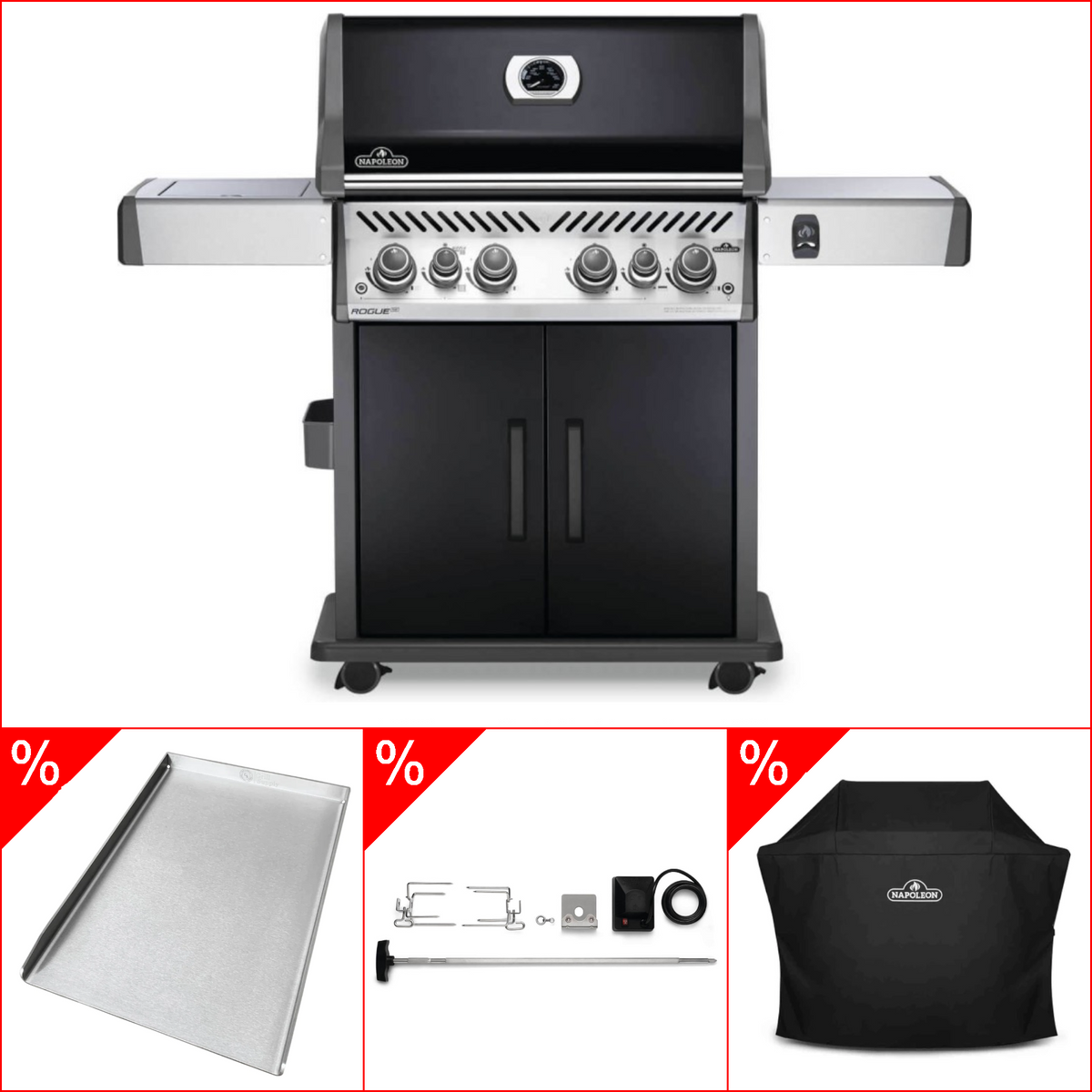 Napoleon Rogue SE 525, mit Gussrosten, Schwarz inkl. Rotisserie, Abdeckhaube & Babossa Edelstahl Plancha, Grillbundle