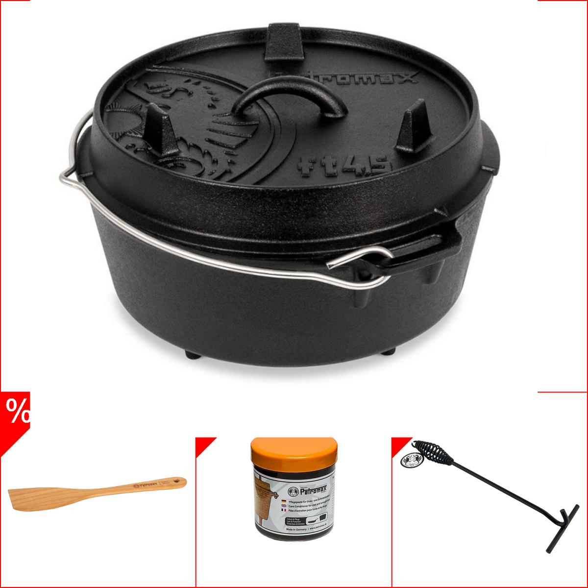 Petromax ft4, 5 Dutch Oven 3, 5l - mit Füssen im Set inkl. Deckelheber, Pflegepaste & Holzspachtel
