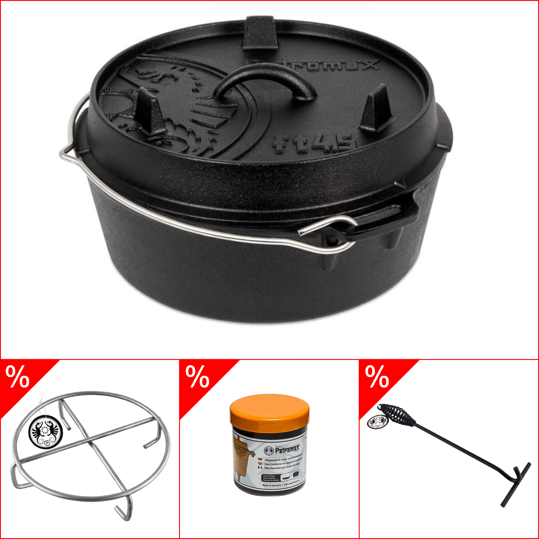 Petromax ft4, 5 Dutch Oven 3, 5l - ohne Füssen im Set inkl. Deckelheber, Pflegepaste & Untersetzer, Grillzubehörbundle