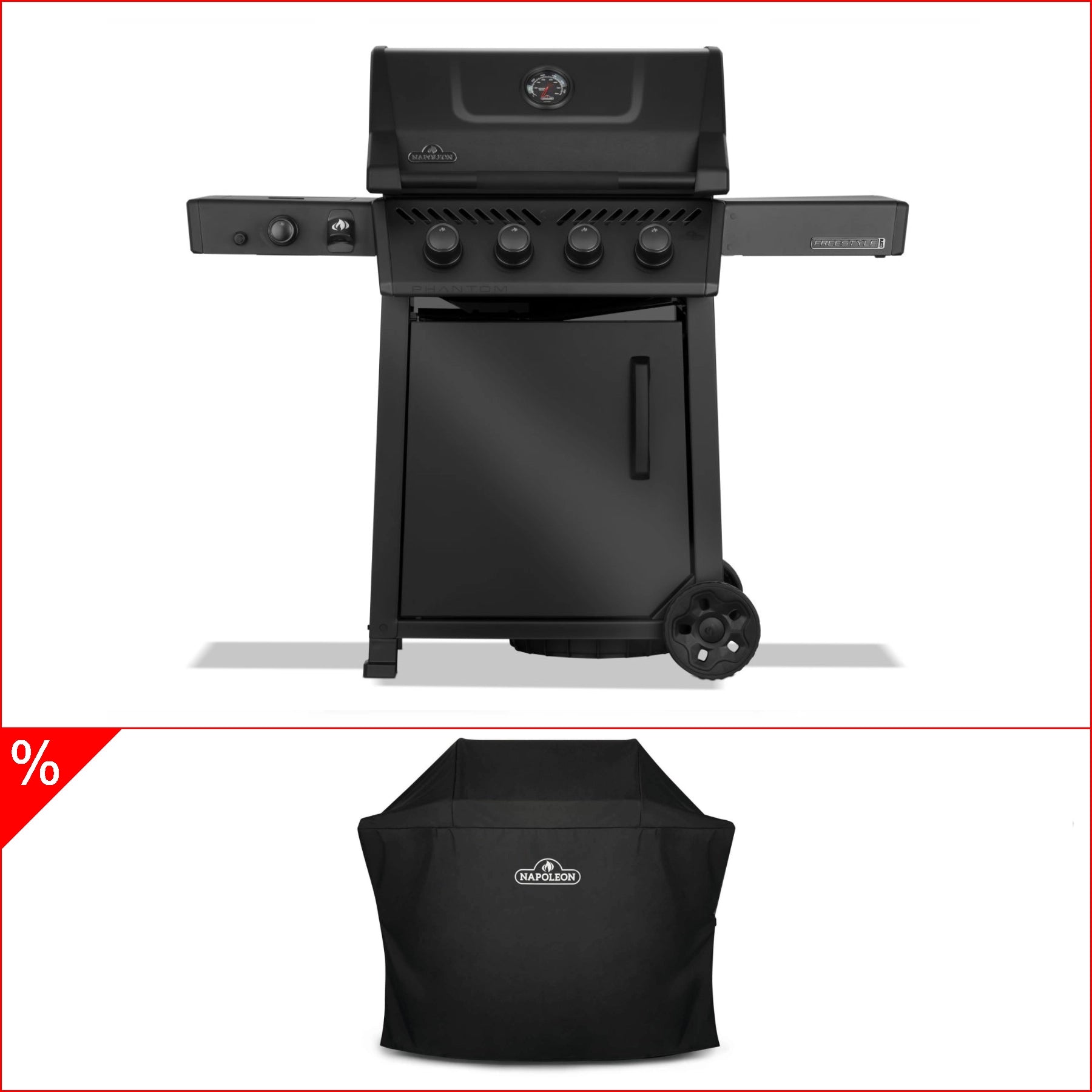 Napoleon Phantom Freestyle PRO 425 Gasgrill Mattschwarz – inkl. Sizzle Zone, Edelstahlrosten & Abdeckhaube, Grillbundle