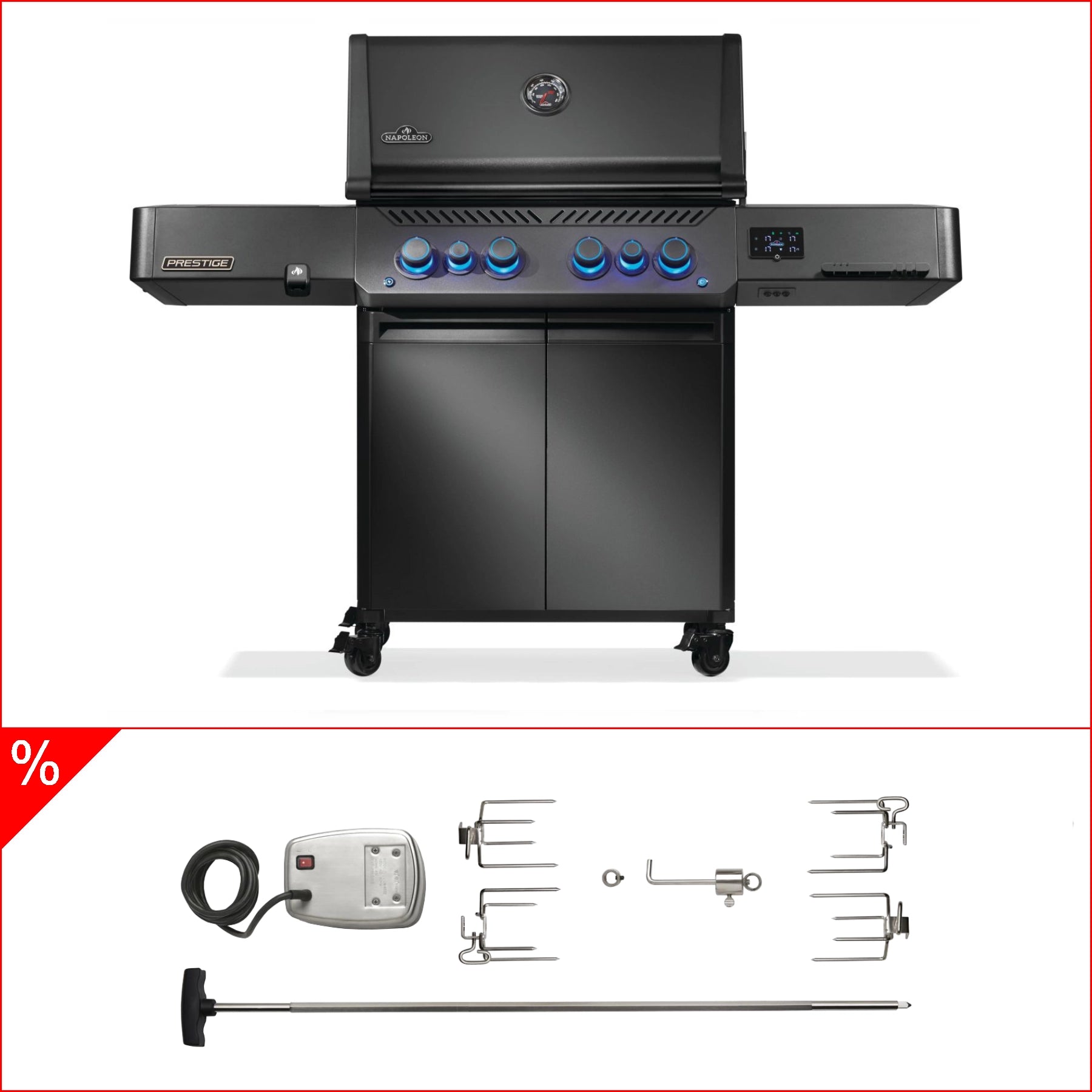 Napoleon Phantom Prestige 500, Connected, Edelstahlguss Roste, Mattschwarz, neustes Modell inkl. Rotisserie, Bundle