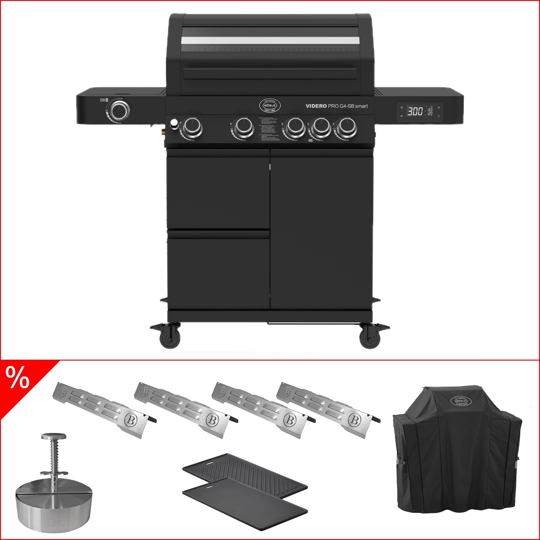 Rösle Videro Pro G4-SB smart Vario+ inkl. Abdeckhaube, 4x Babossa Flammschutzbleche, Gussplatte & Burger Presse, Grillbundle