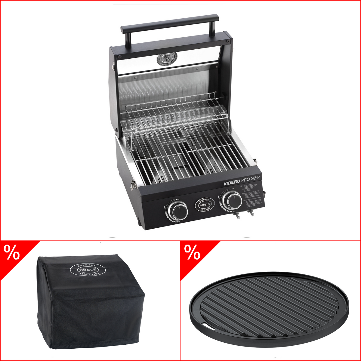 Rösle Videro Pro G2-P 50mbar Bundle mit Abdeckhaube und Grillplatte, rund, Grillbundle