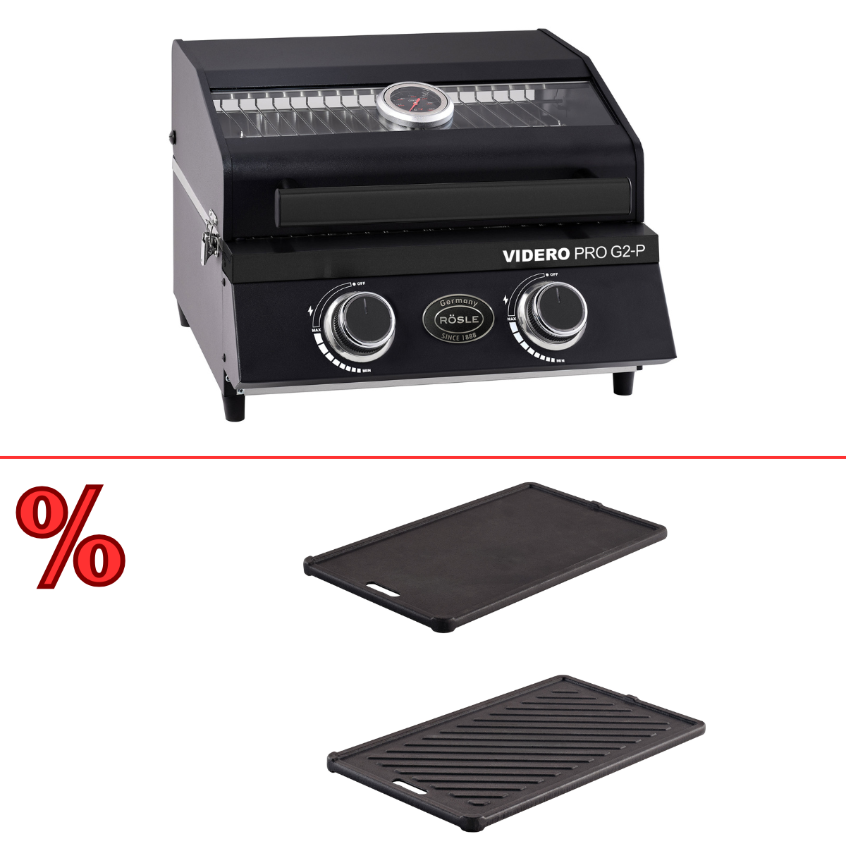 Rösle Videro Pro G2-P 50mbar inkl. Gussplatte, Grillrost aus Gusseisen, für 1 - 3 Personen