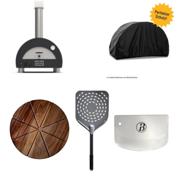 Alfa Forni Portable GRAU inkl. Abdeckhaube, Babossa Pizzaschaufel, Teigschaber 2 Stk. & Pizzabrett, Pizzaofenset