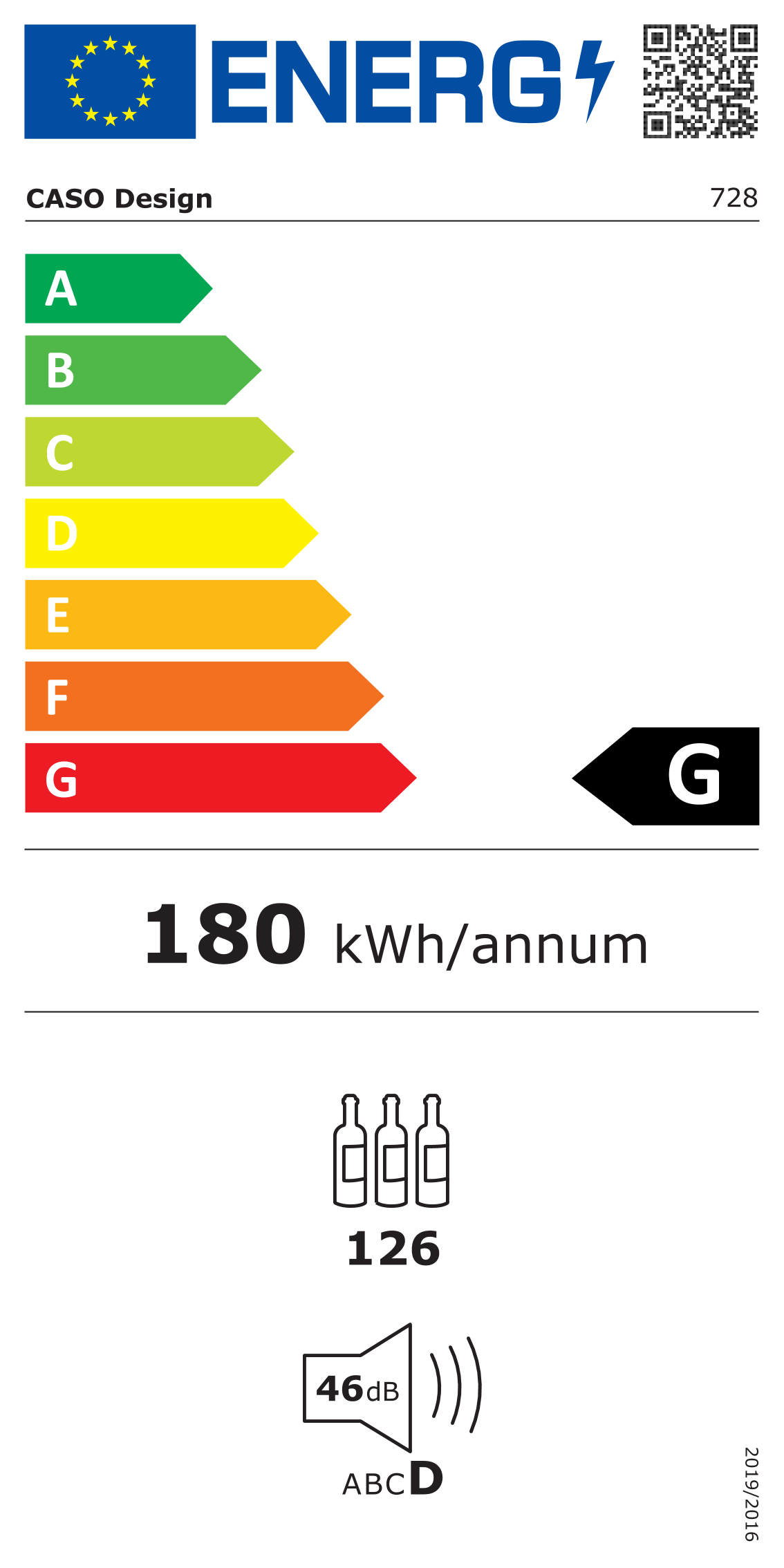 EU-Energielabel CASO WineComfort 1260 Smart Weinkühlschrank, Energieeffizienzklasse G (Skala A bis G)