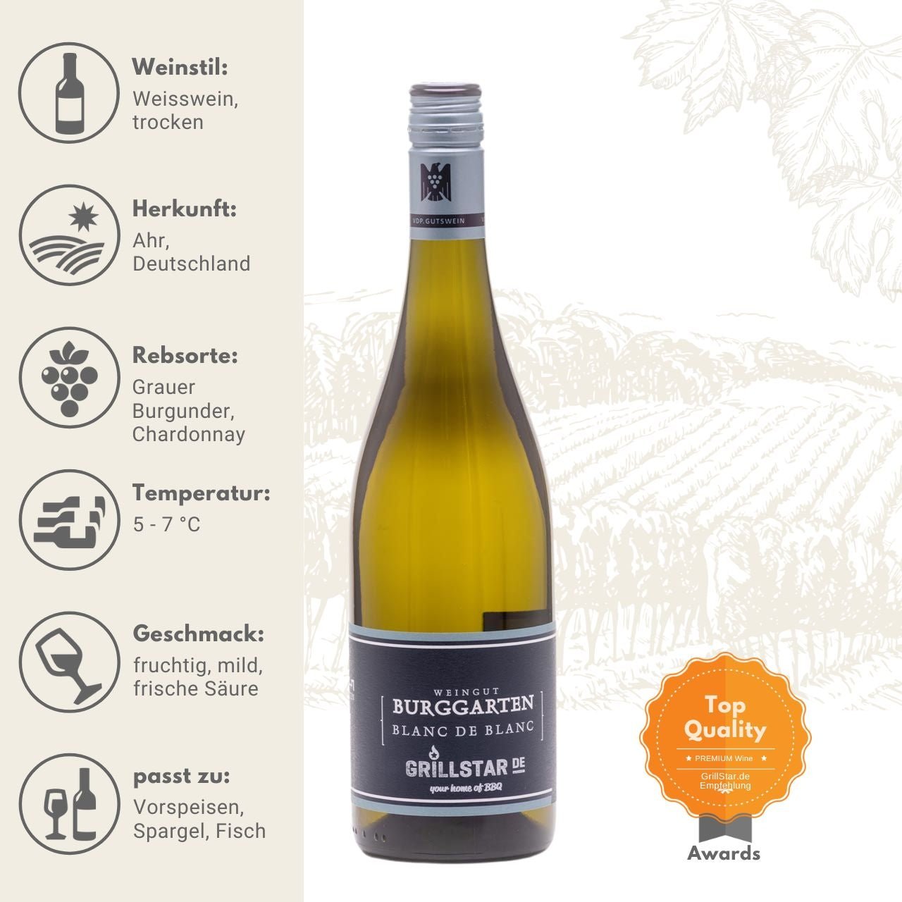 Grillstar Blanc de Blanc - Weingut Burggarten - Weißwein, Grillzubehör