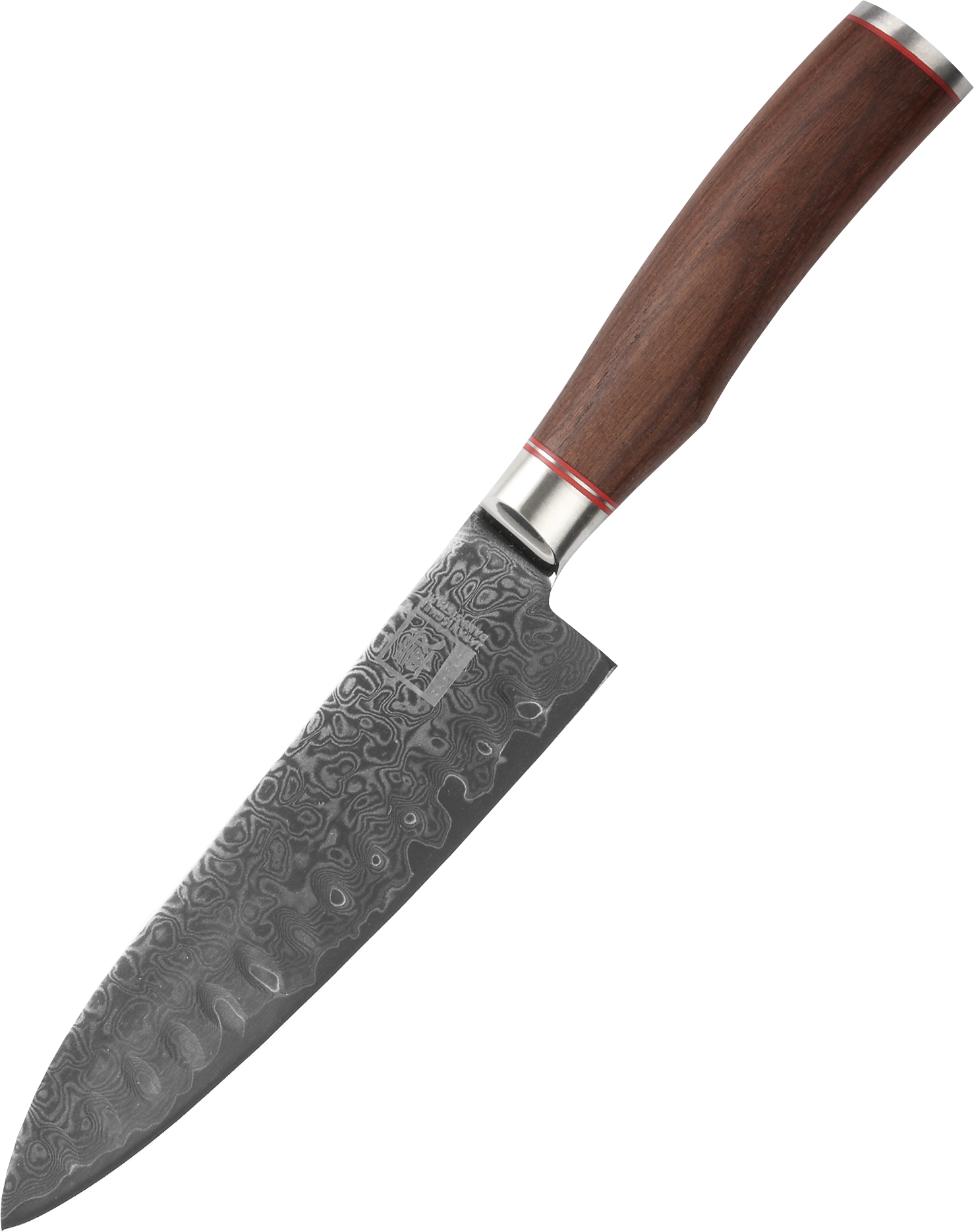 Zayiko Damast Santokumesser, "Kurumi"-Serie, Messer, Detailansicht 1