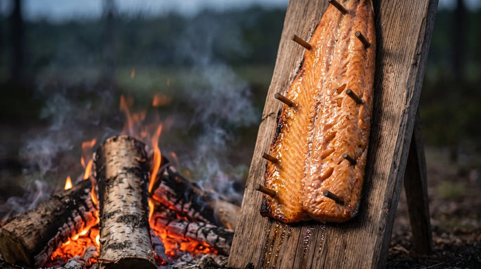 Flammlachs auf einem Holzbrett neben dem offenen Feuer