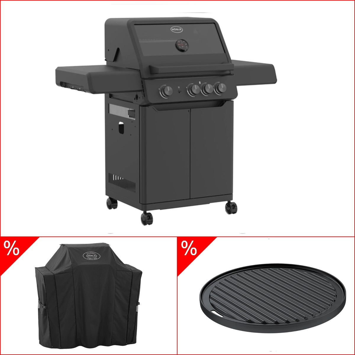 Rösle AllFlame Peer 3 Brenner Gasgrill - 50 mBar Bundle mit Grillplatte rund, Grillbundle
