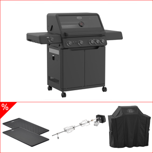 Rösle Bundle Gasgrill Allflame Hero 4 inkl. Abdeckhaube, Gusseisen Grillplatte und Drehspieß, Grillbundle
