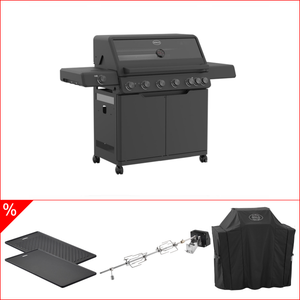 Rösle Bundle Gasgrill Allflame Hero 6 inkl. Abdeckhaube, Gusseisen Grillplatte und Drehspieß, Grillrost, für 1 - 20 Personen