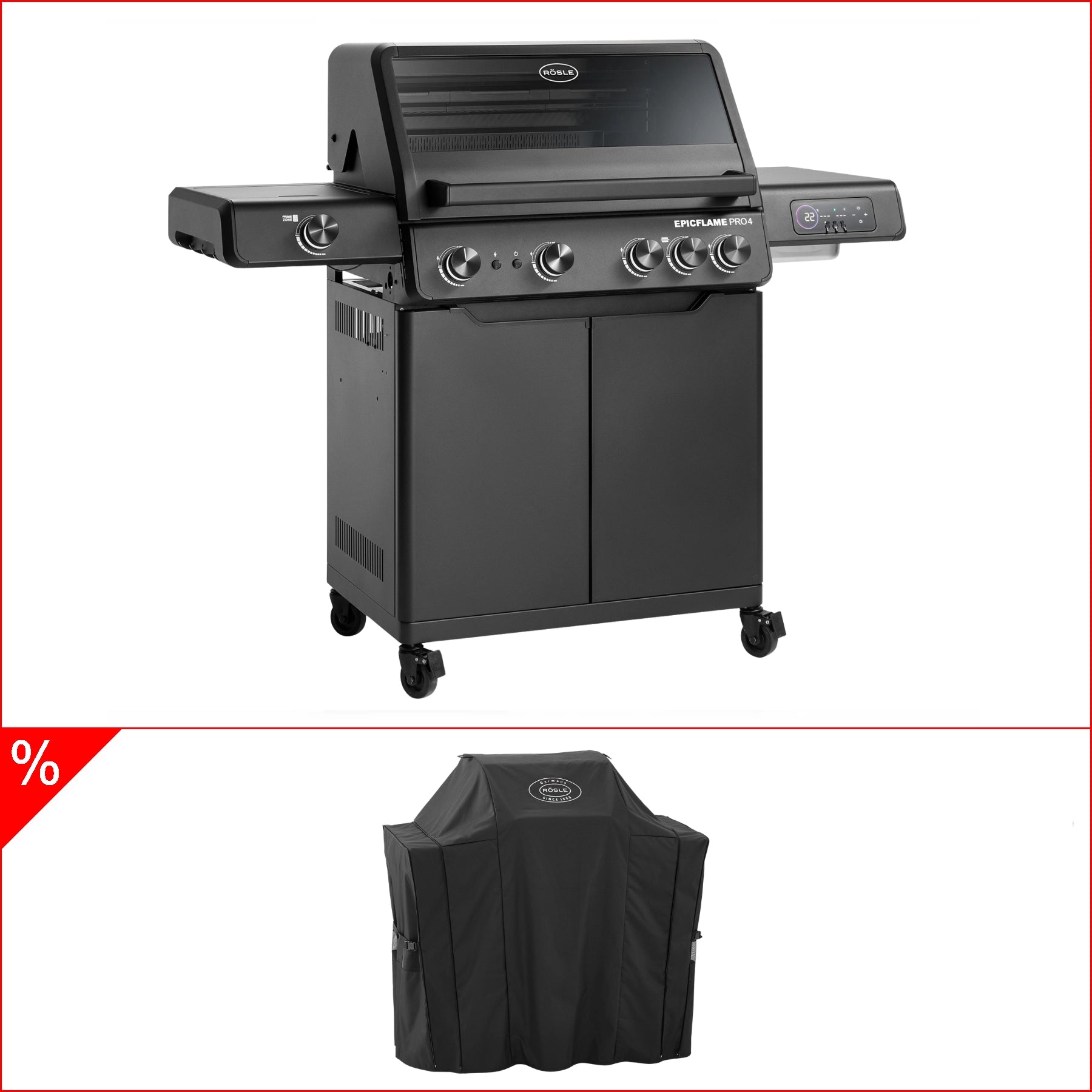 Rösle EPICFLAME Pro 4 Gasgrill inkl. Abdeckhaube, Grillbundle