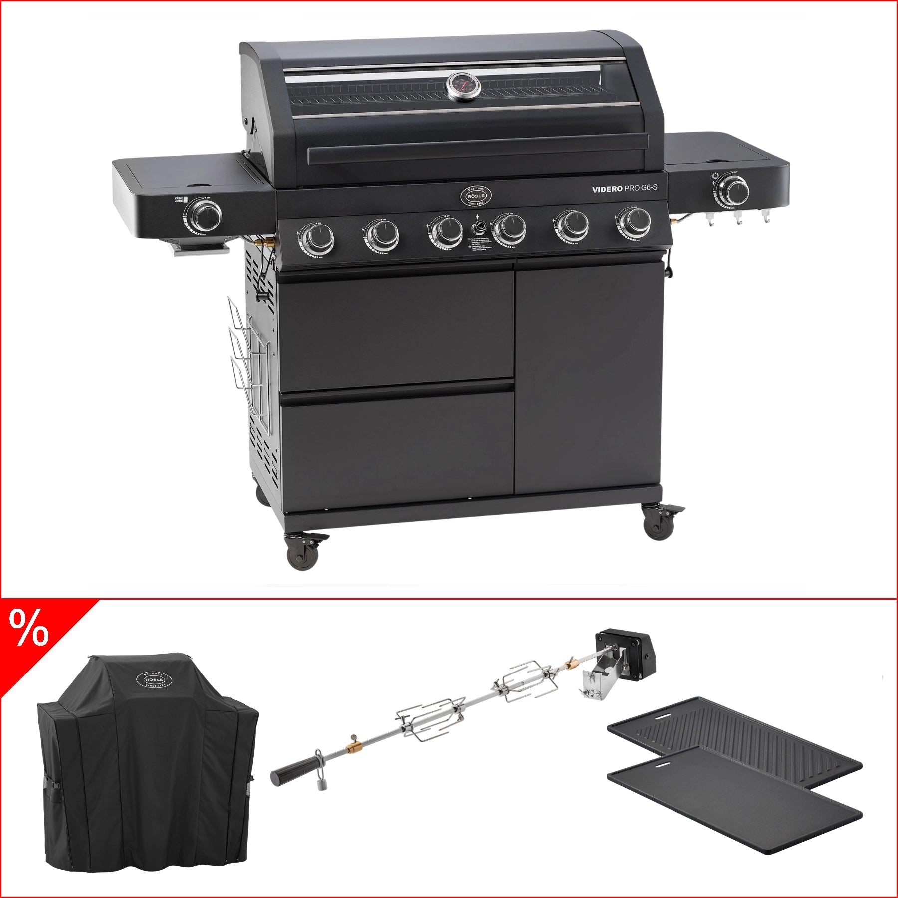 Rösle Videro Pro G6-S Vario+ 50mbar inkl. Abdeckhaube Grillplatte, eckig & Rotisserie, Grillbundle