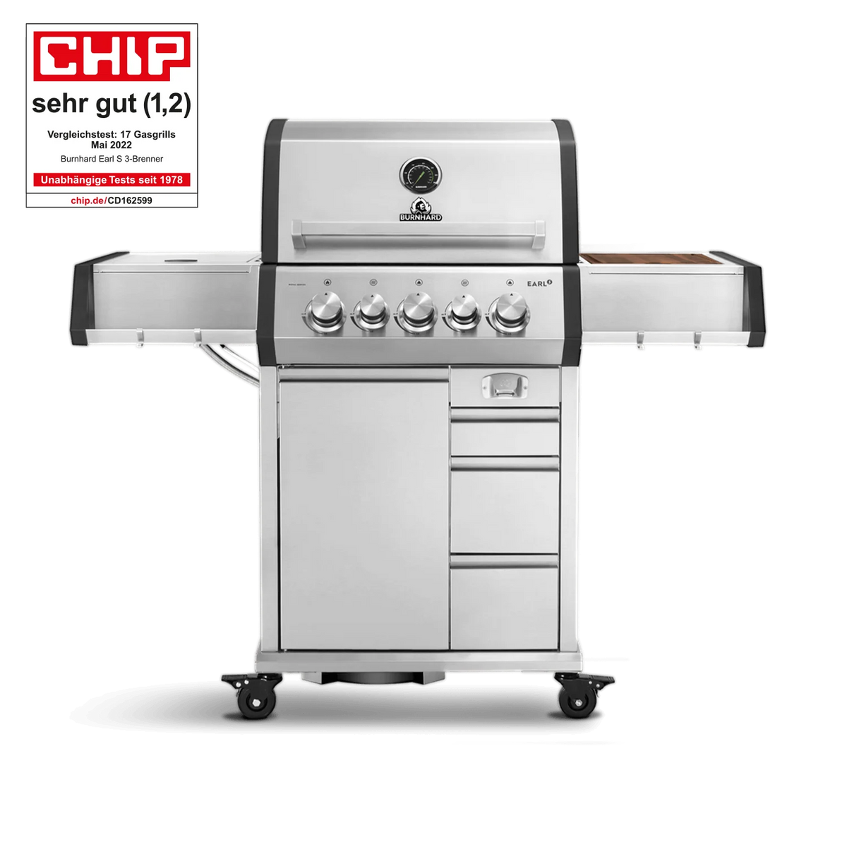 Burnhard EARL Premium-Gasgrill 3-Brenner Edelstahl mit Edelstahlrost, Grillrost