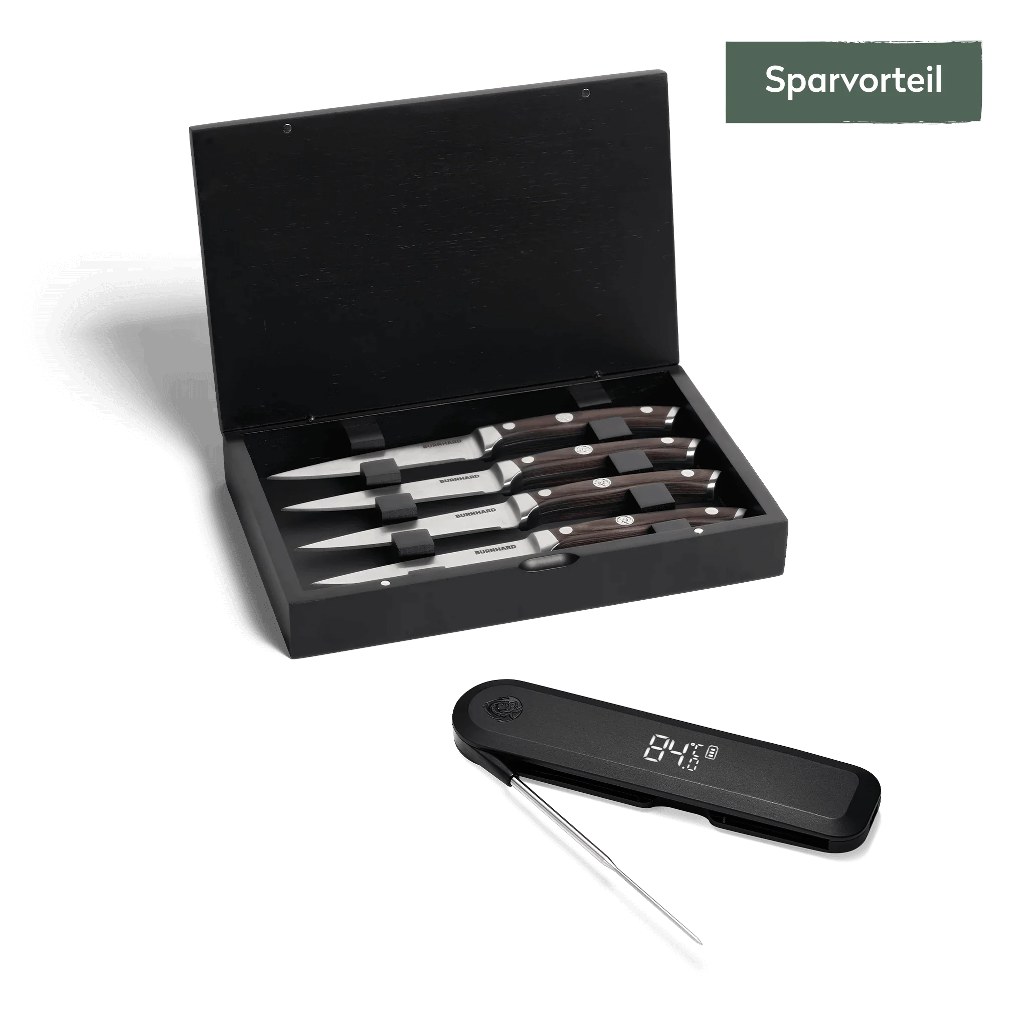 Burnhard Steakmesser-Set 4-tlg. & Einstich-Thermometer, klappbar, Grillzubehör