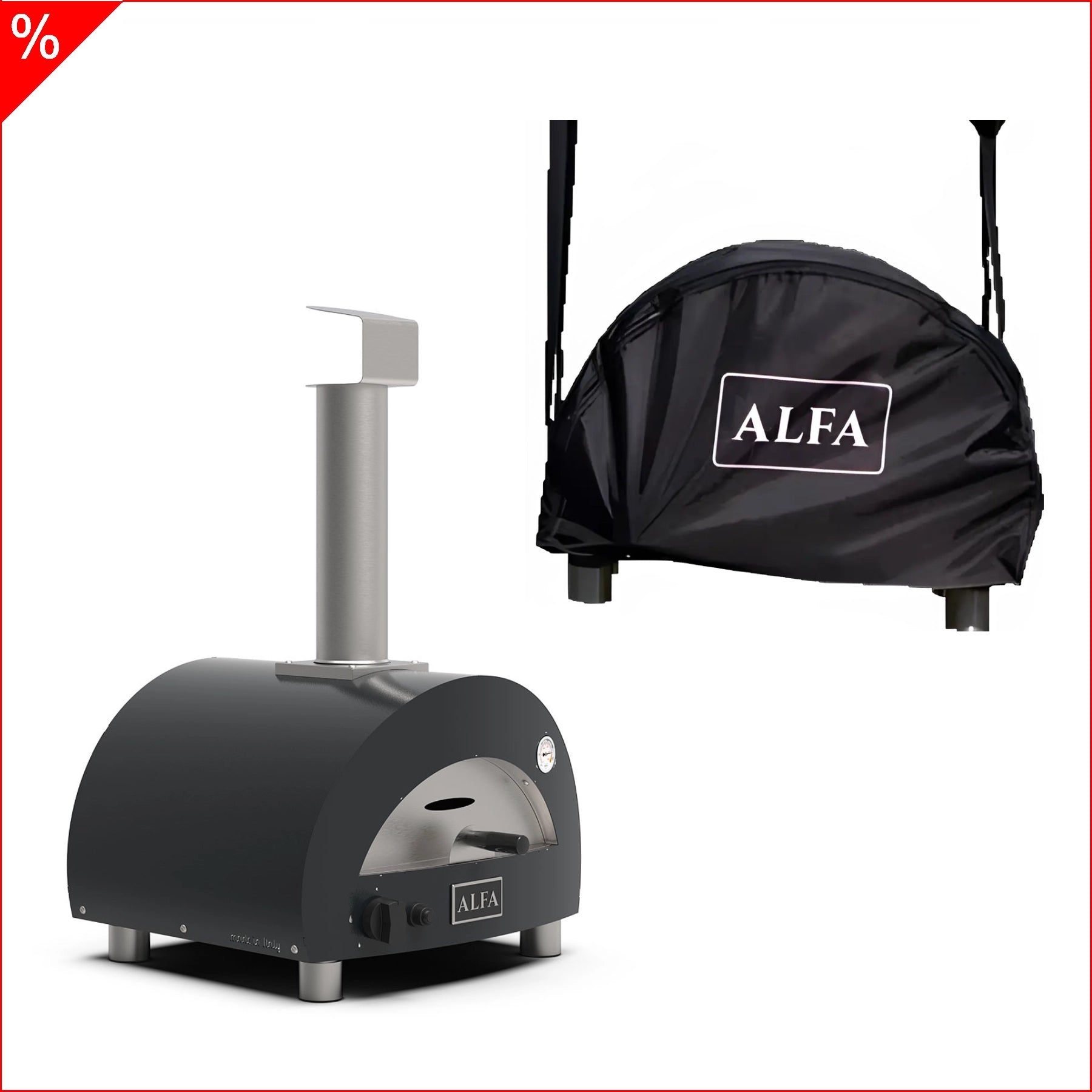 Alfa Forni Portable, Gas, Grau + GRATIS Abdeckhaube, Pizzaofen
