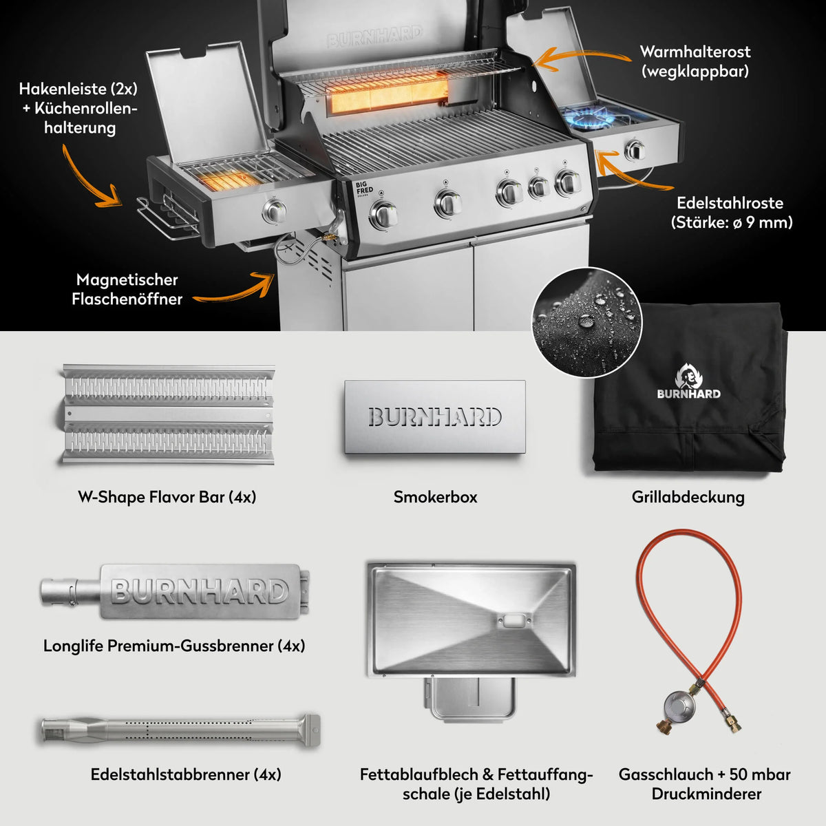 Burnhard Big FRED Deluxe Gasgrill Edelstahl 4-Brenner mit Edelstahlrost Series 4, Detailansicht 2