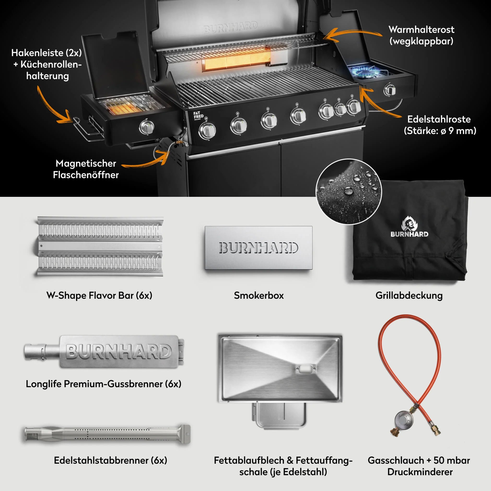 Burnhard Fat FRED Deluxe Gasgrill Black Edition 6-Brenner mit Edelstahlrost (Series 4), Grills, Detailansicht 2
